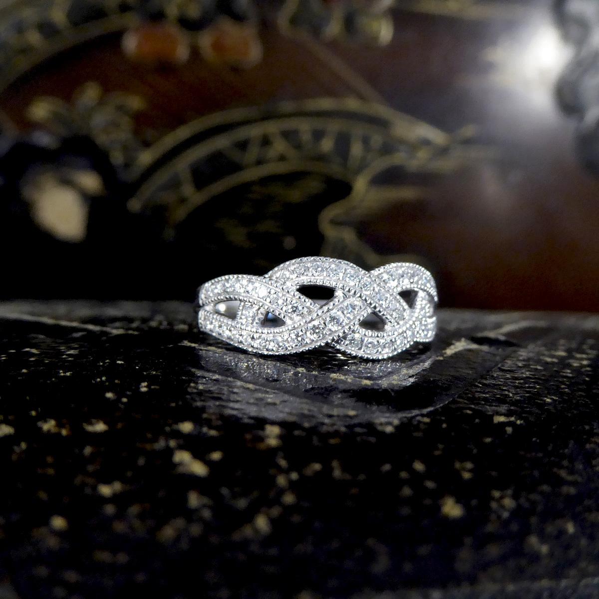 Diamond Set Milgrain Plait Half Eternity Ring in White Gold For Sale 4