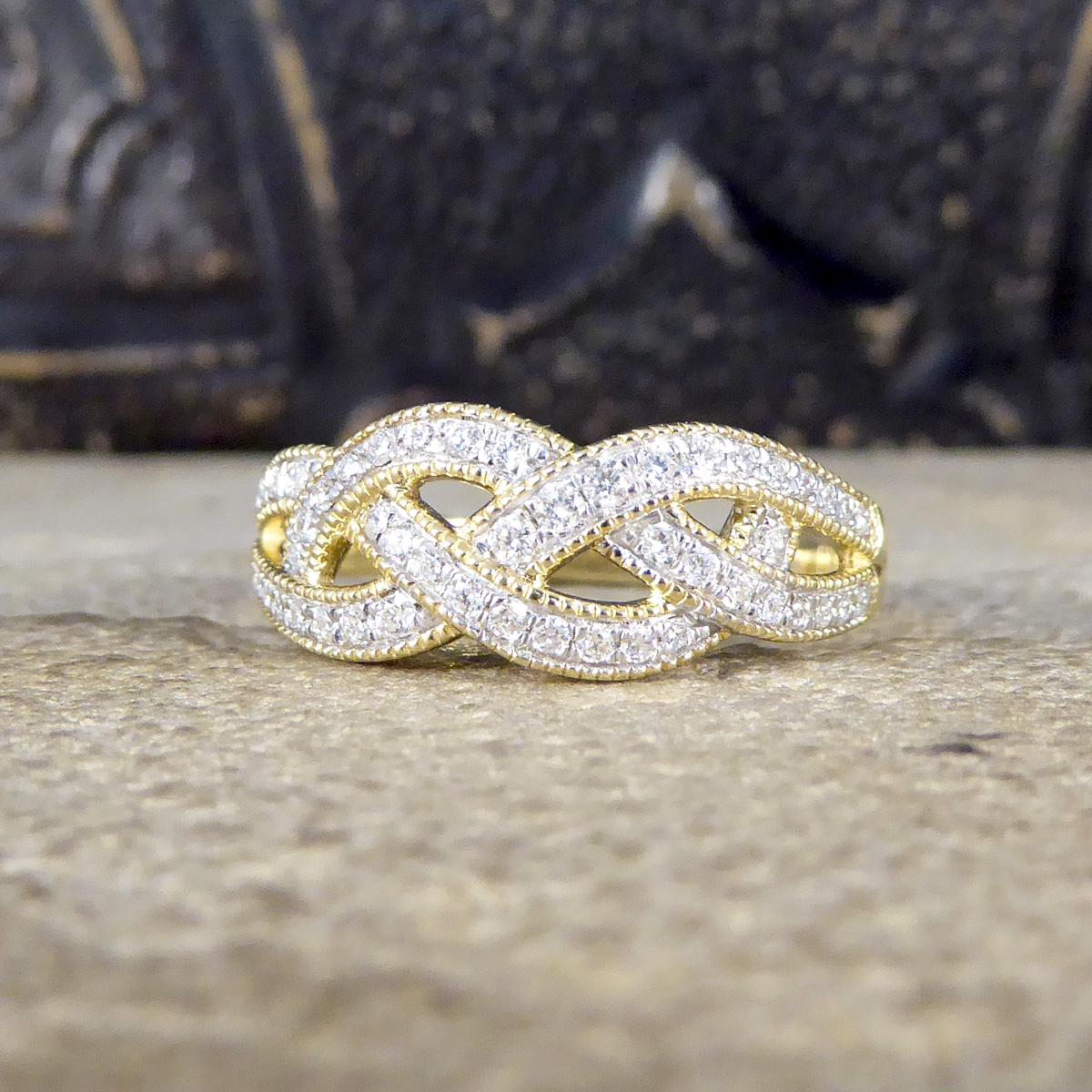 Brilliant Cut Diamond Set Milgrain Plait Half Eternity Ring in Yellow Gold For Sale