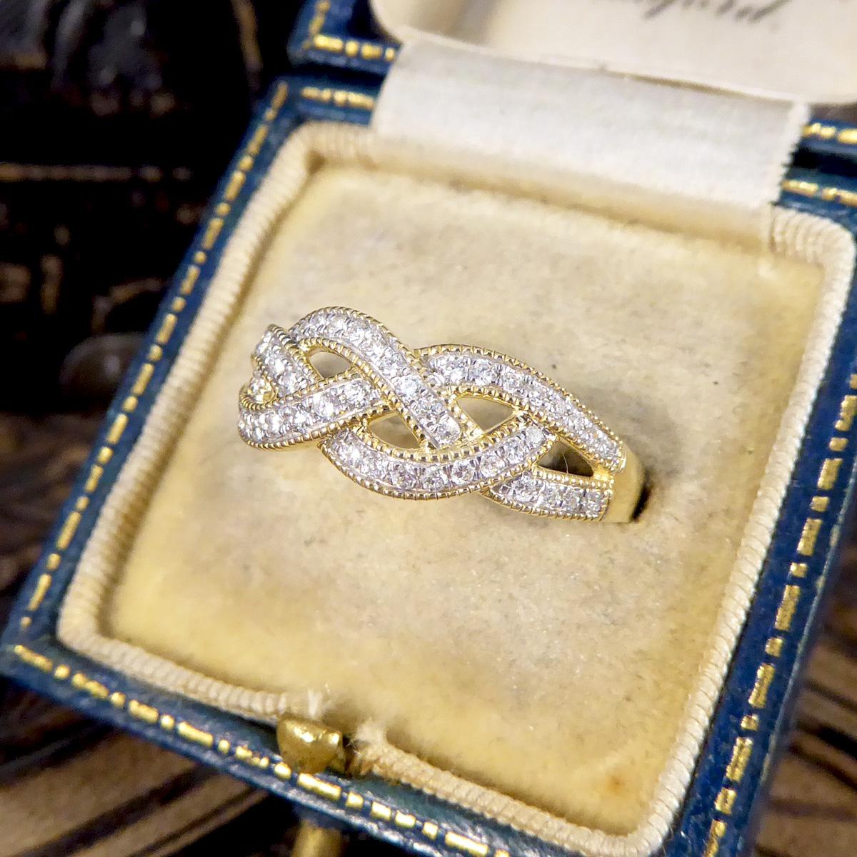 Diamond Set Milgrain Plait Half Eternity Ring in Yellow Gold For Sale 1