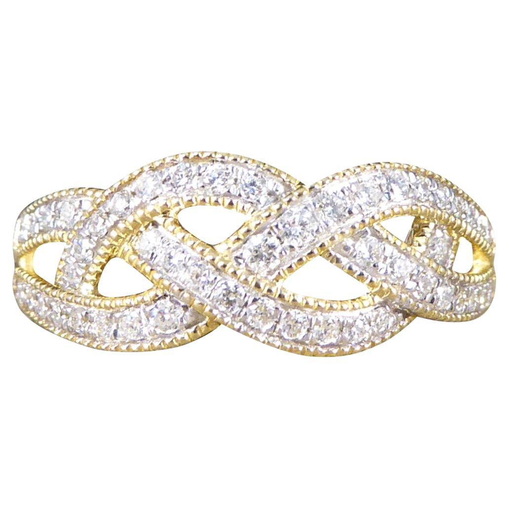 Diamond Set Milgrain Plait Half Eternity Ring in Yellow Gold For Sale