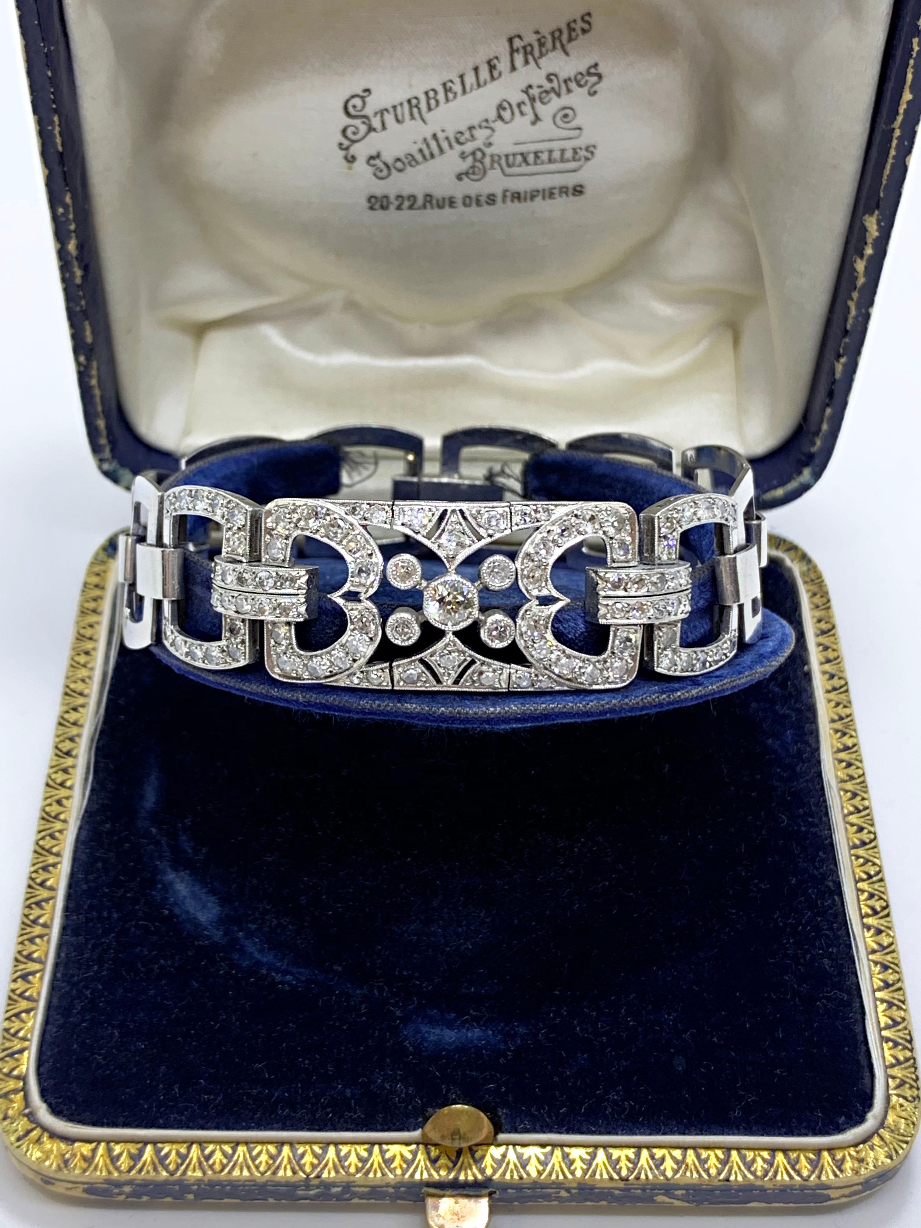 Old Mine Cut Diamond Set Platinum Link Bracelet, circa 1920s