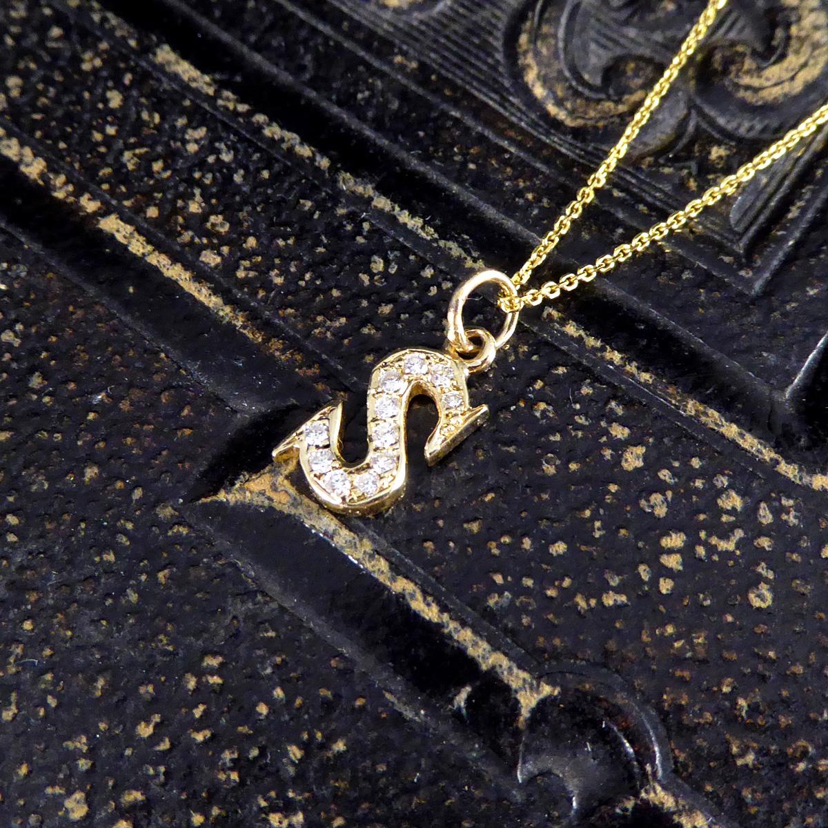 Brilliant Cut Diamond Set S Initial Pendant in 18ct Yellow Gold on a Yellow Gold Necklace For Sale
