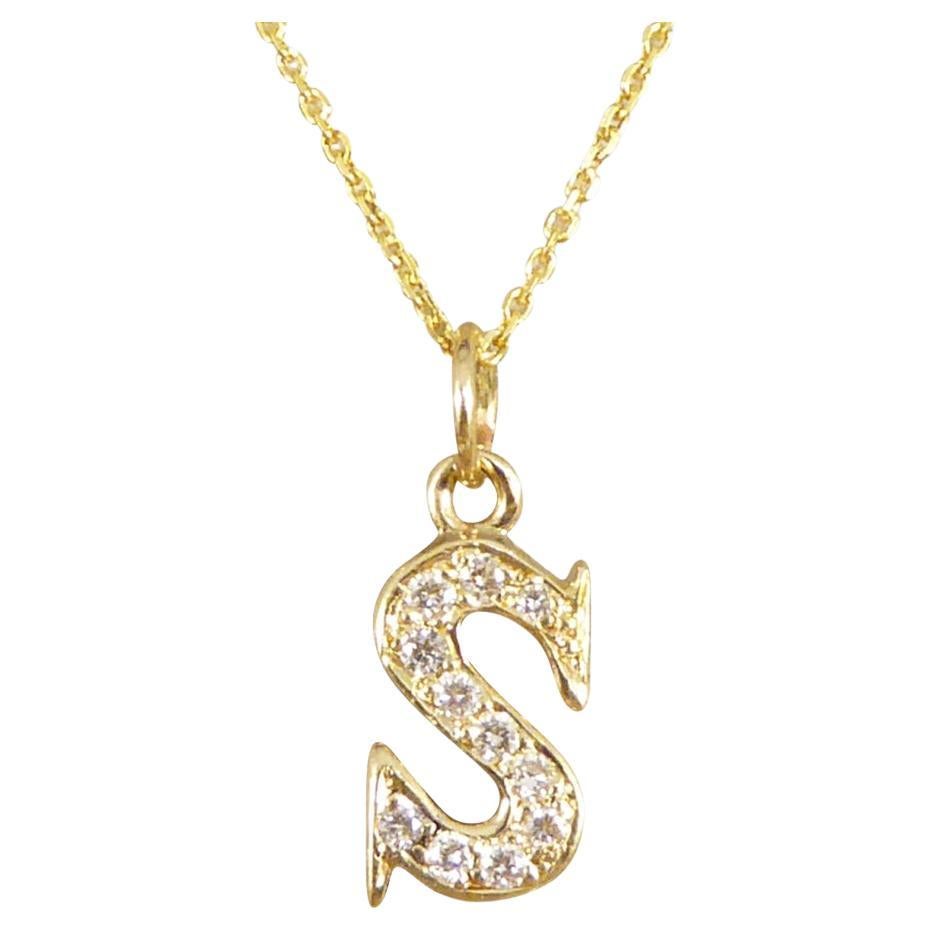 Diamond Set S Initial Pendant in 18ct Yellow Gold on a Yellow Gold Necklace For Sale