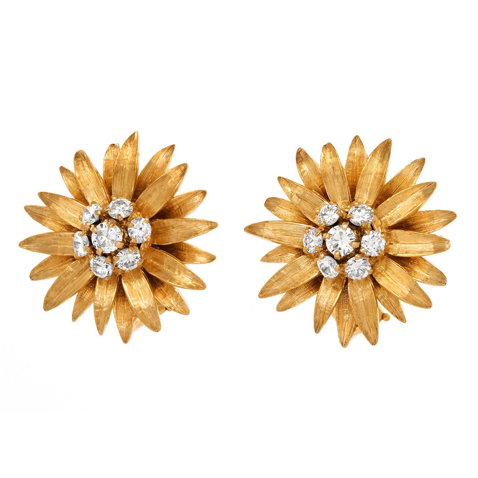 Round Cut Diamond-set Sixties Flower Earrings
