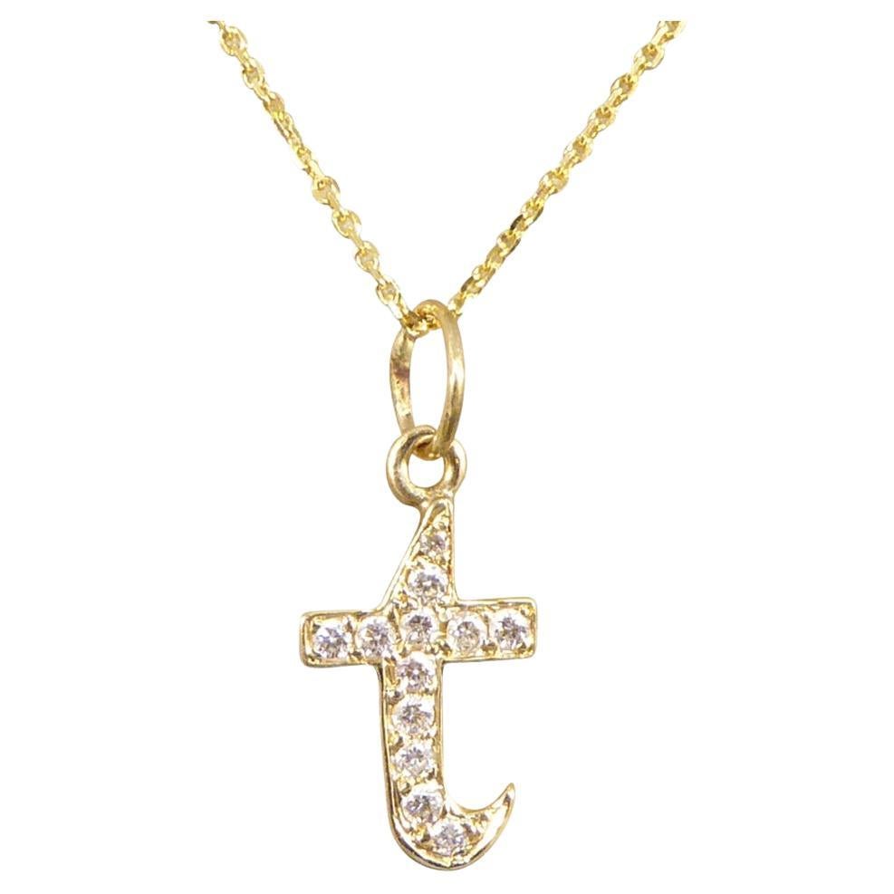 Diamond Set T Initial Pendant in 18ct Yellow Gold on a Yellow Gold Necklace For Sale