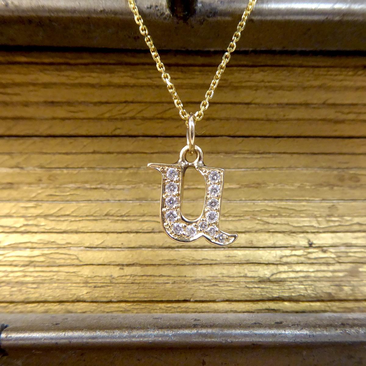 Women's or Men's Diamond Set U Initial Pendant in 18ct Yellow Gold on a Yellow Gold Necklace  For Sale