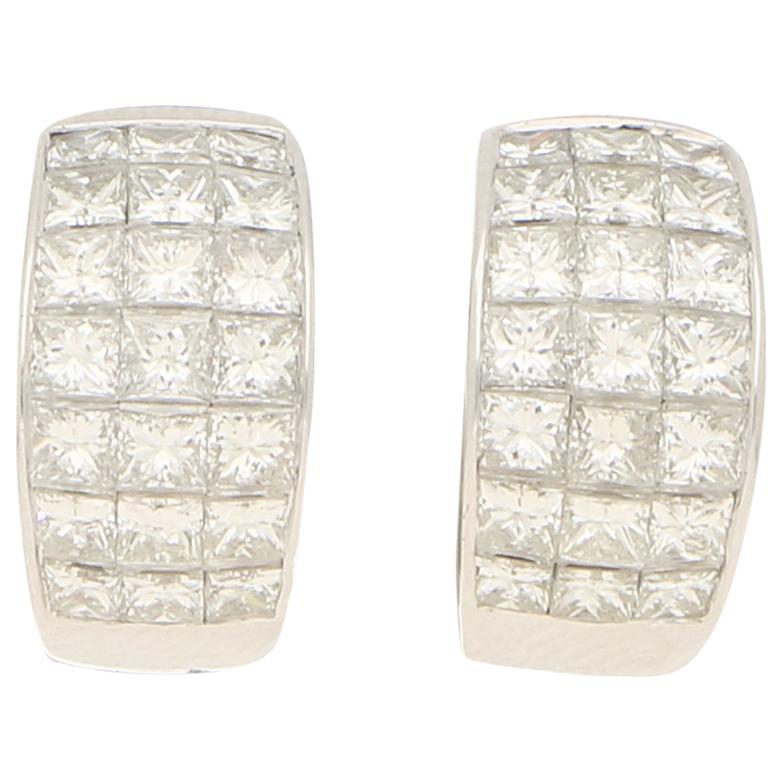 Princess Cut Diamond Huggie Hoop Earrings Set in 18k White Gold 