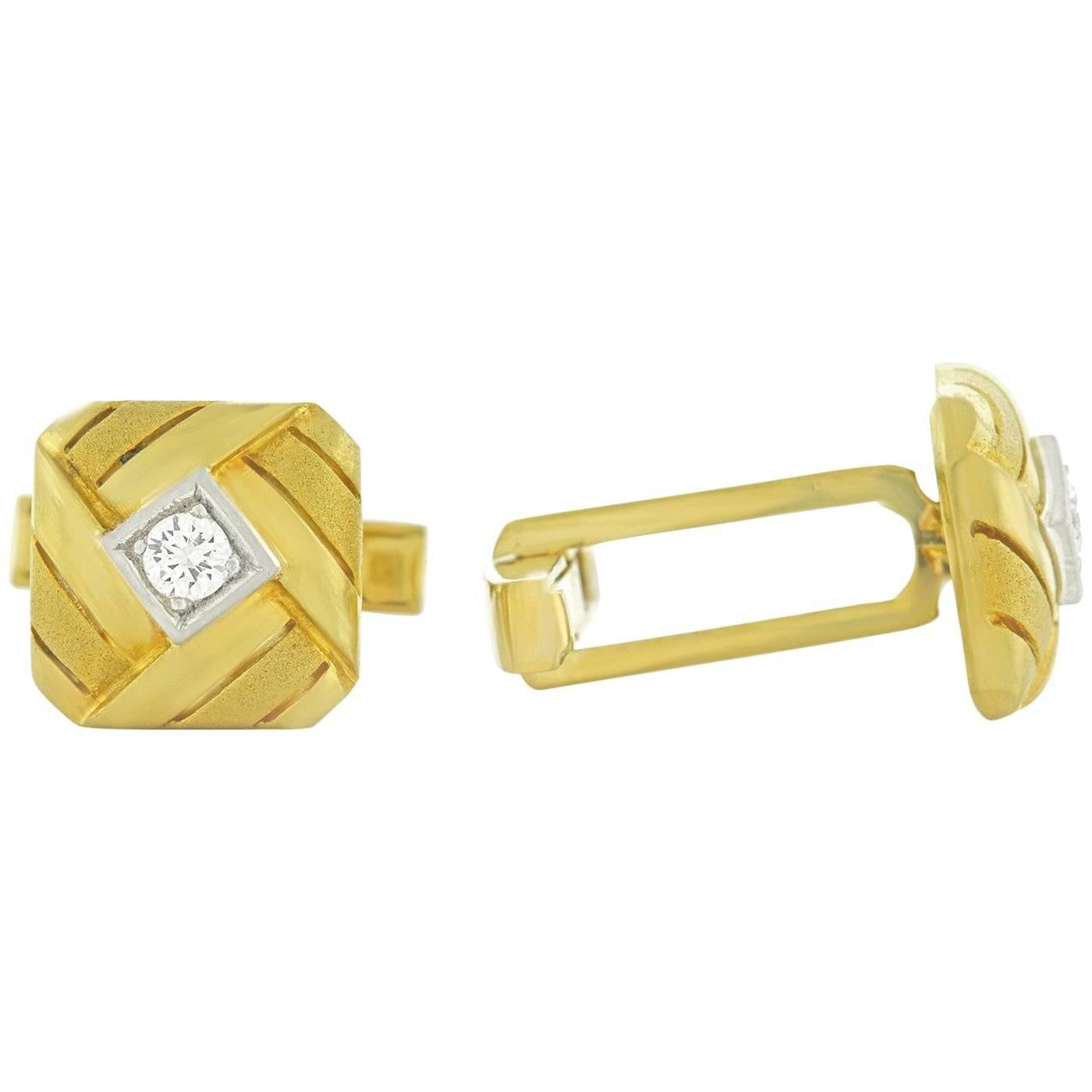 Women's or Men's Diamond-Set Woven Gold Cufflinks