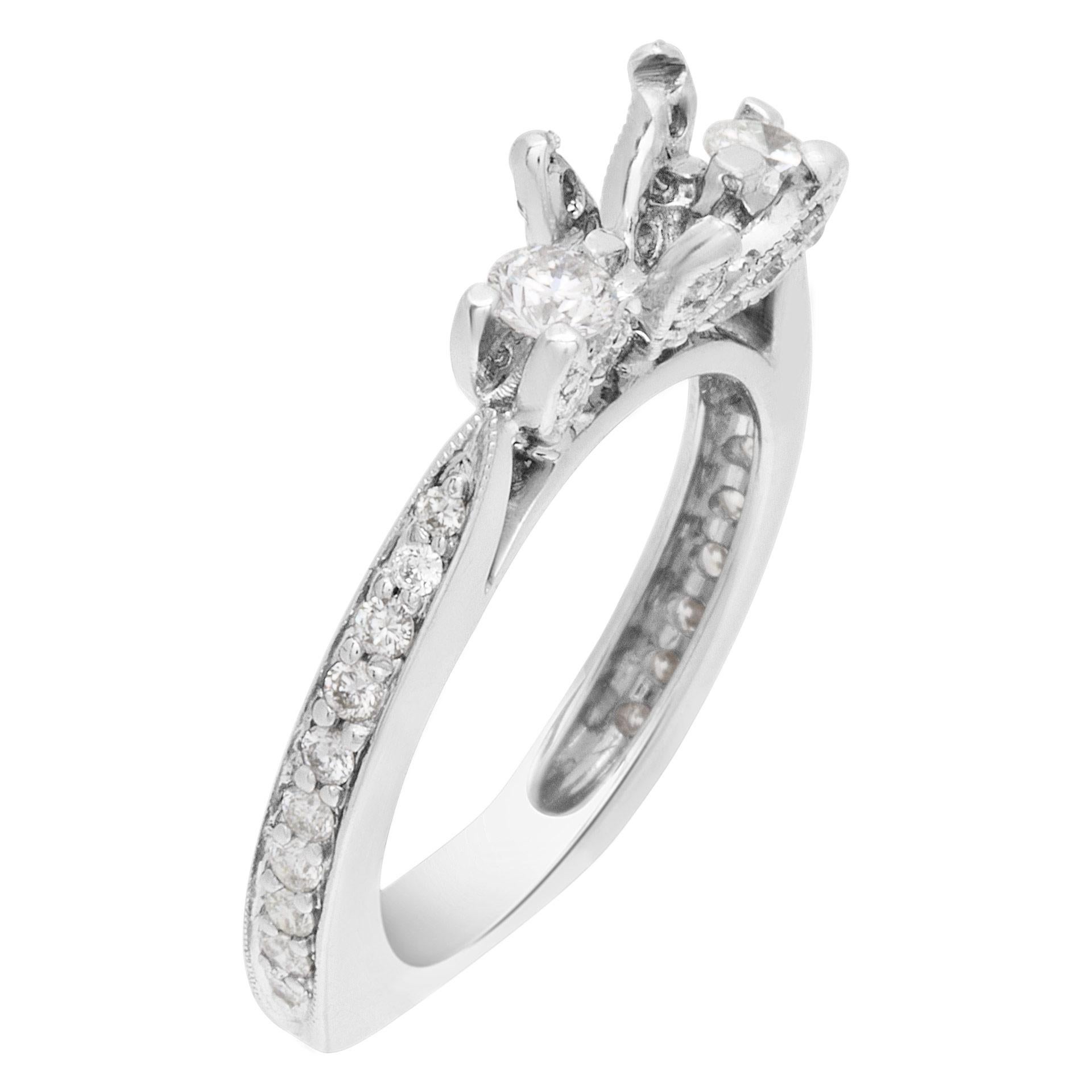 Diamond Setting with 2 Side Diamonds in 14k White Gold In Excellent Condition For Sale In Surfside, FL