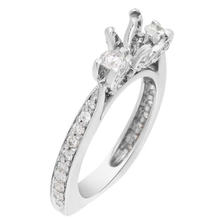 Diamond Setting with 2 Side Diamonds in 14k White Gold For Sale at 1stDibs
