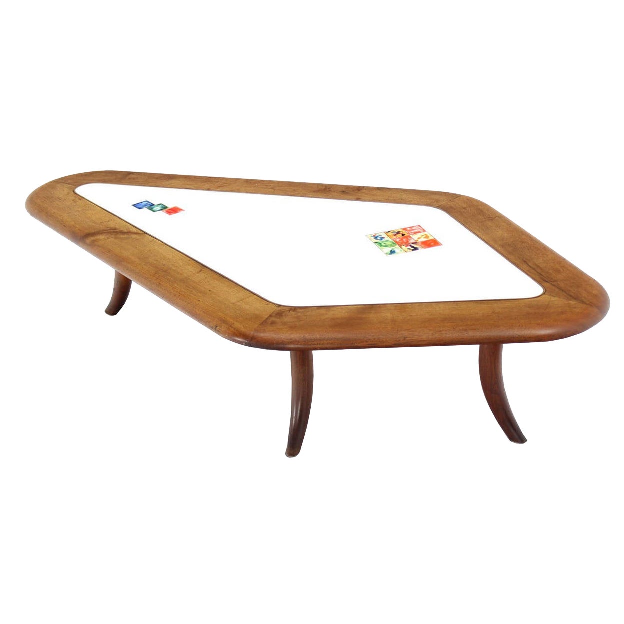 Diamond Shape Heavy Thick Solid Walnut Art Tile Decorated Top Coffee Table MINT For Sale