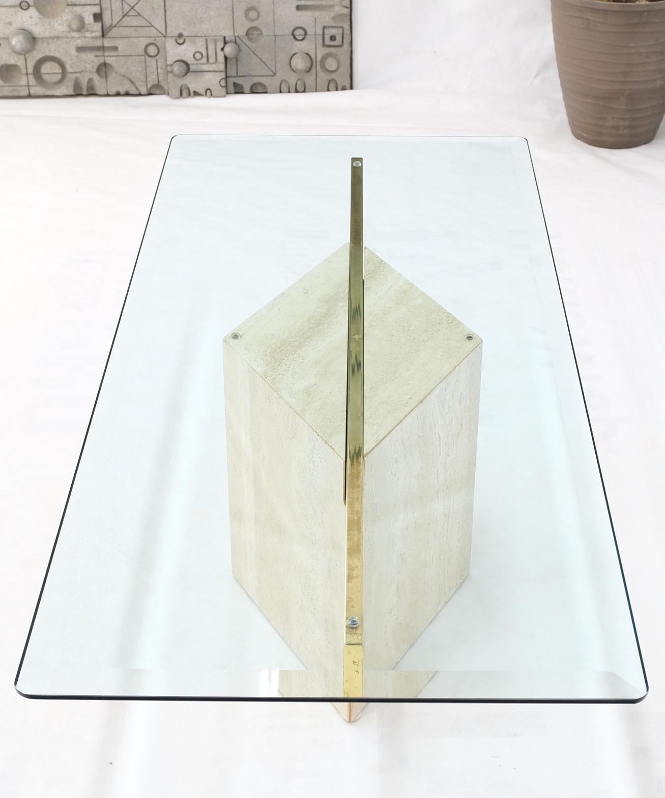 Diamond Shape Pedestal Travertine Base Glass Top Rectangle Coffee Table Mint For Sale 2