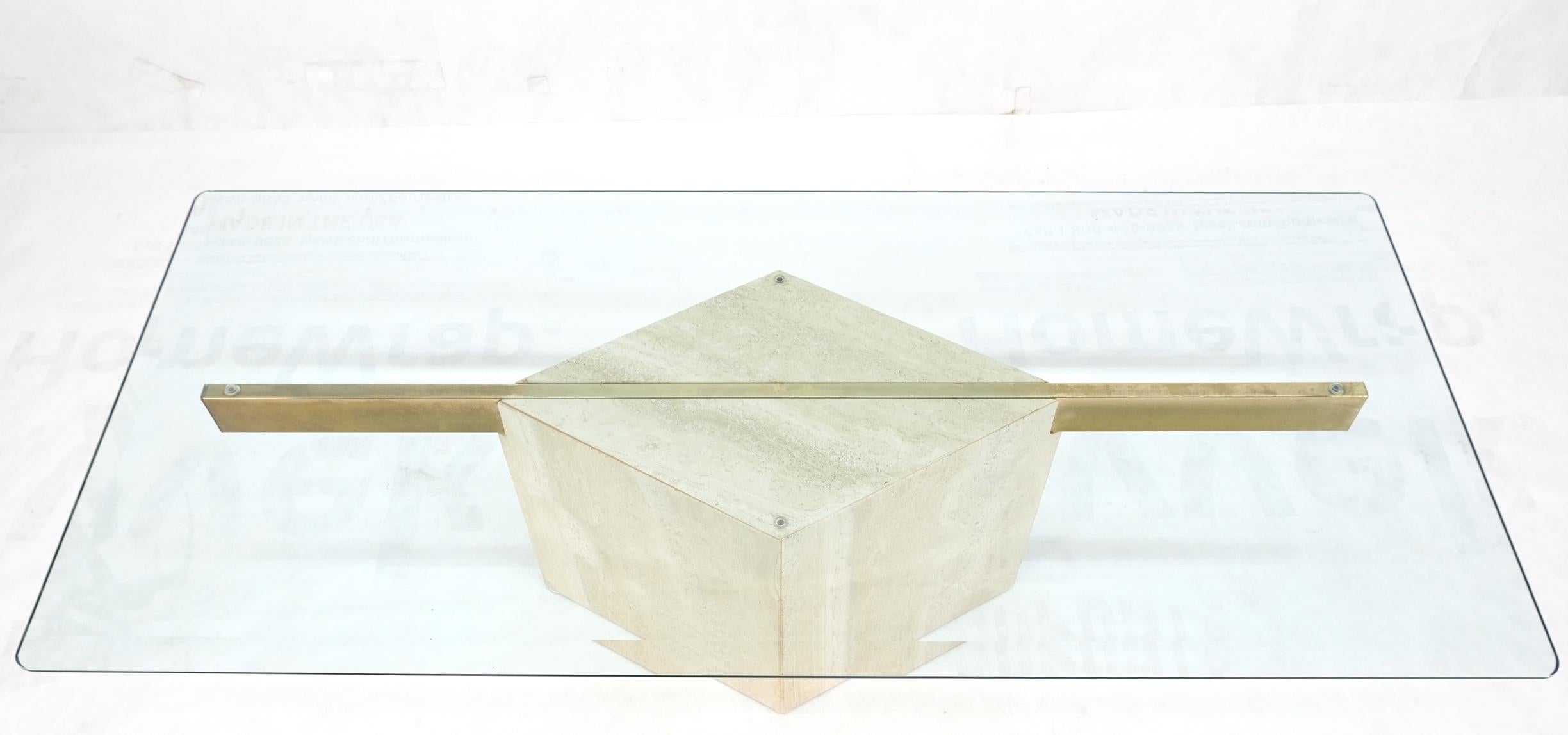 Diamond Shape Pedestal Travertine Base Glass Top Rectangle Coffee Table Mint For Sale 3