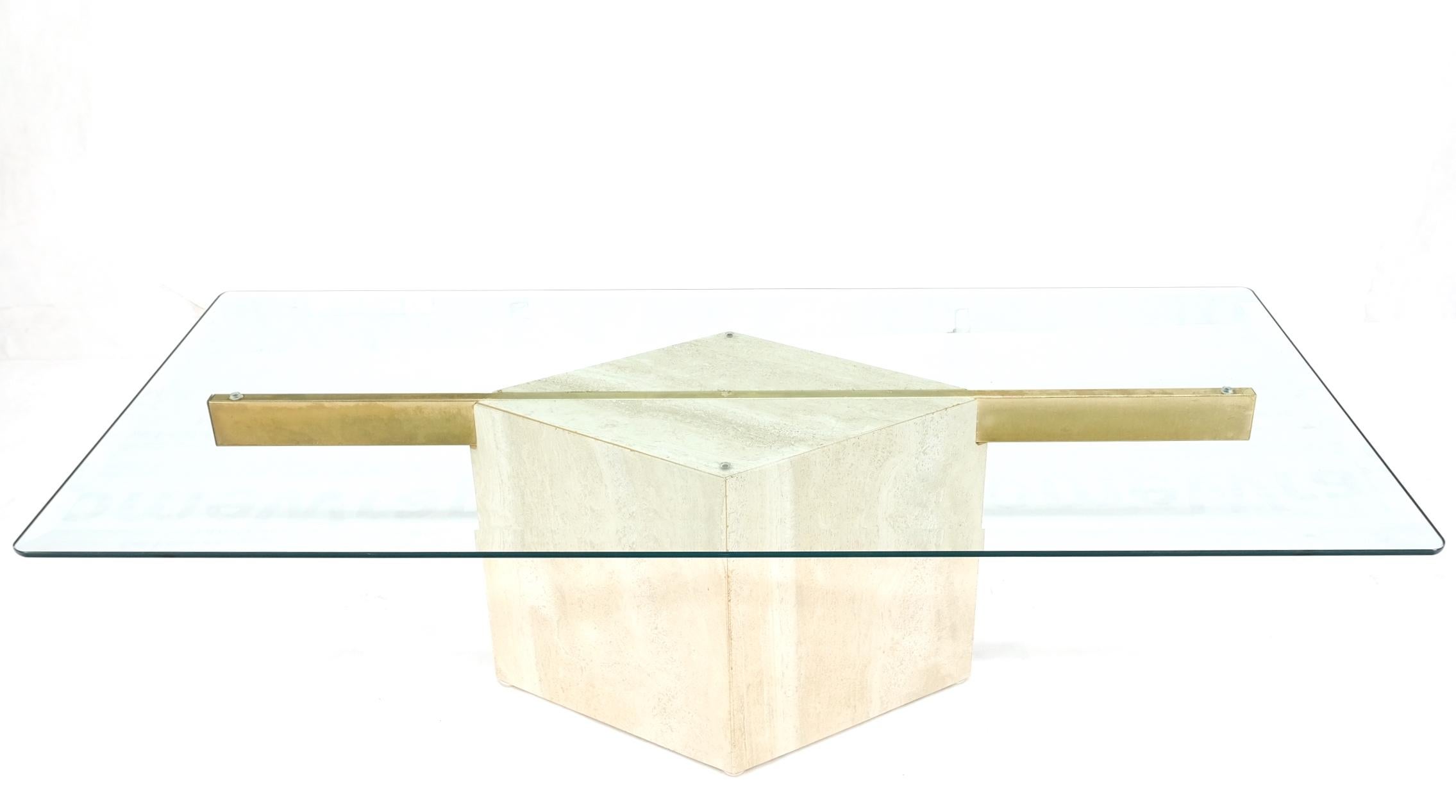 Brass Diamond Shape Pedestal Travertine Base Glass Top Rectangle Coffee Table Mint For Sale