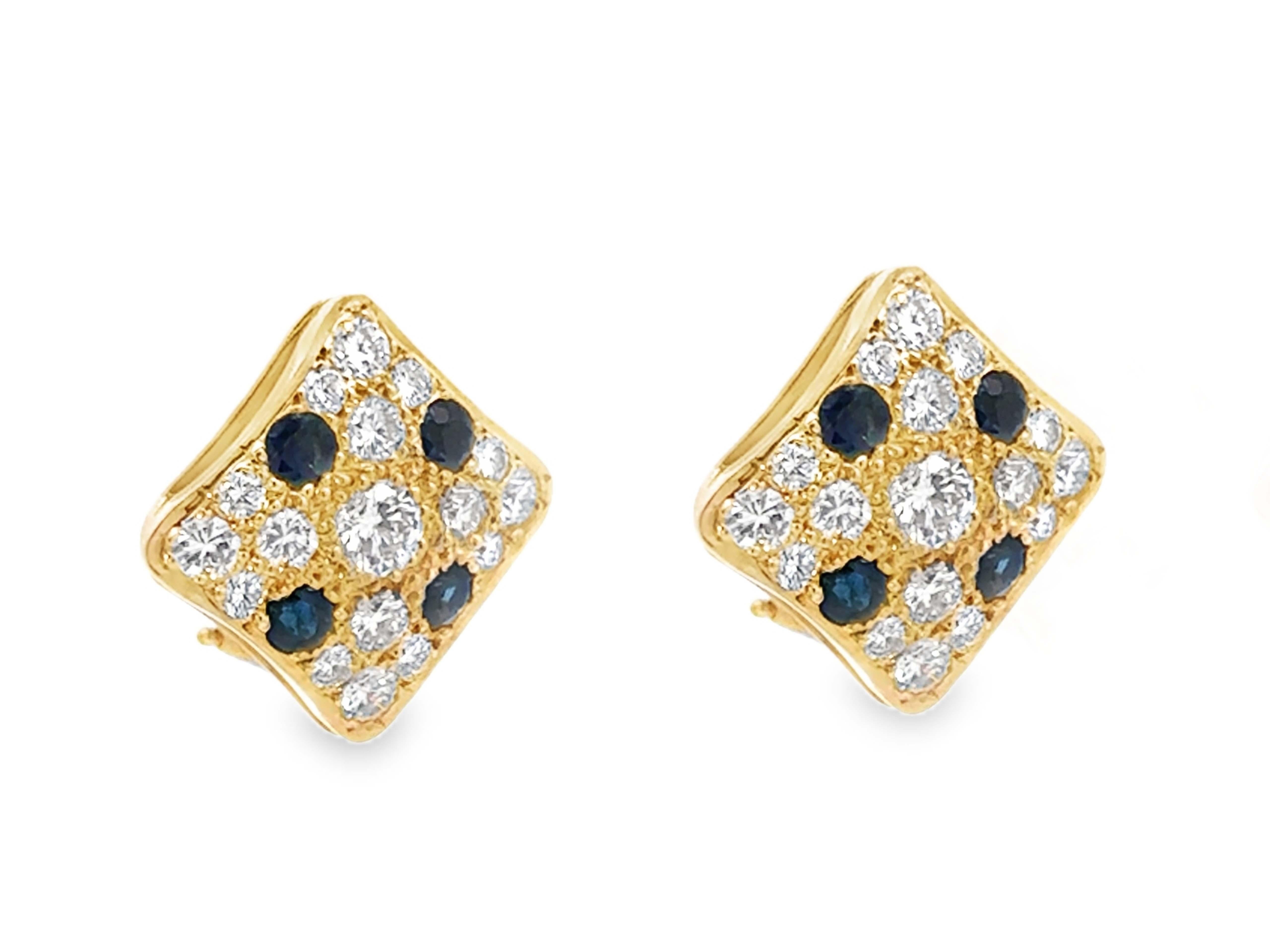 Modern Diamond Shape Sapphire and Diamond Omega Back Earrings 14K Yellow Gold For Sale