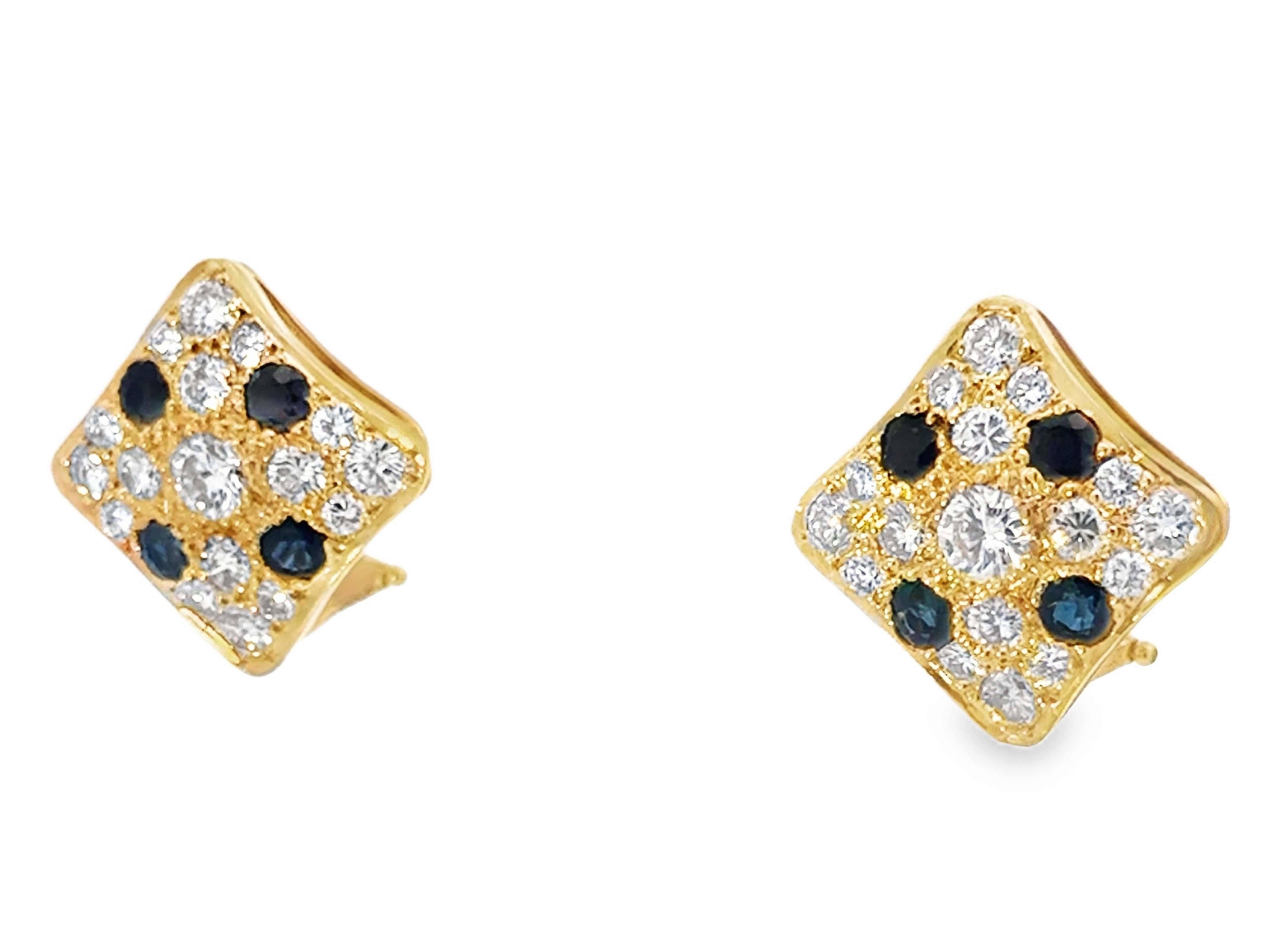 Brilliant Cut Diamond Shape Sapphire and Diamond Omega Back Earrings 14K Yellow Gold For Sale