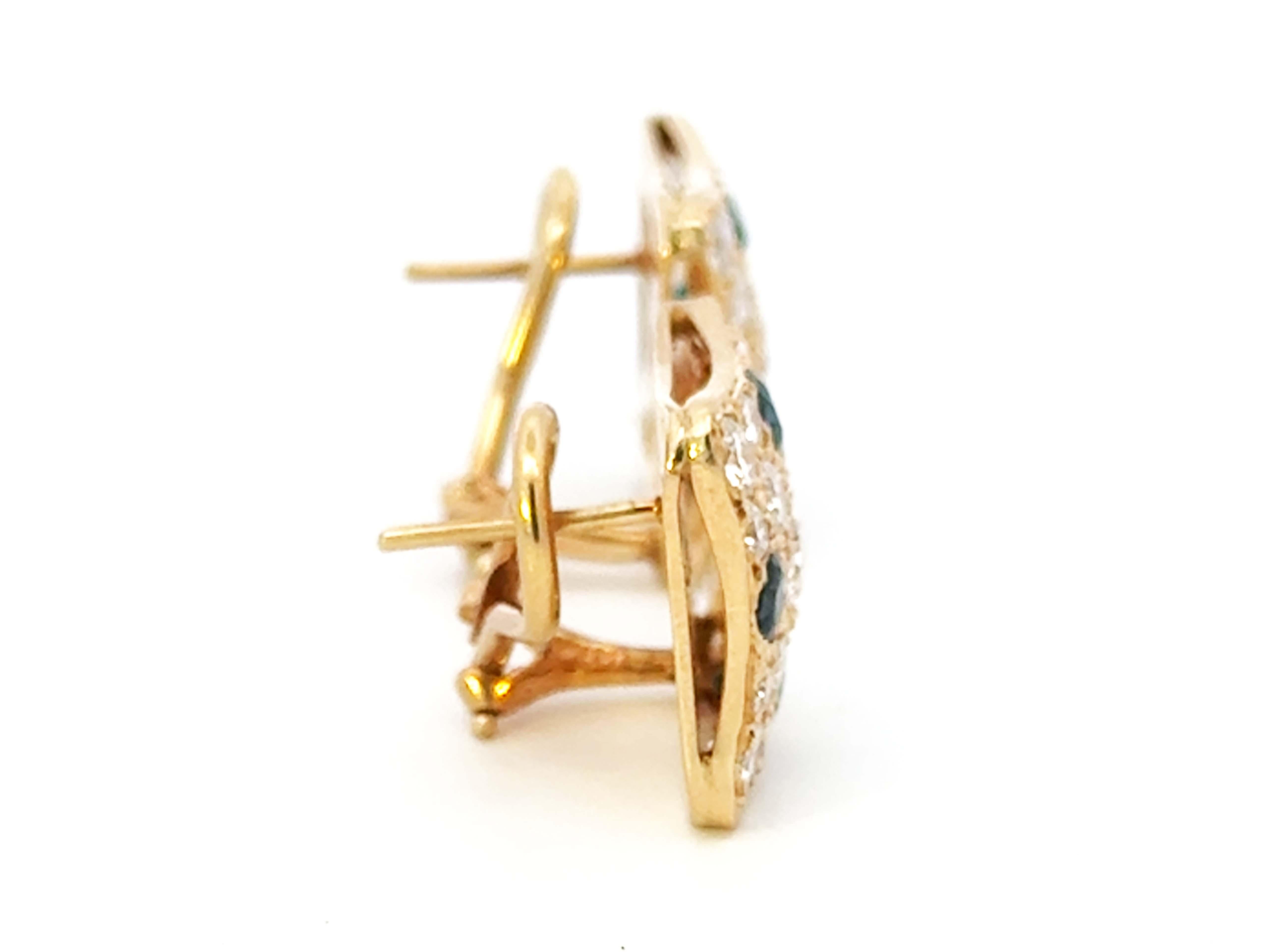 Diamond Shape Sapphire and Diamond Omega Back Earrings 14K Yellow Gold In Excellent Condition For Sale In Honolulu, HI