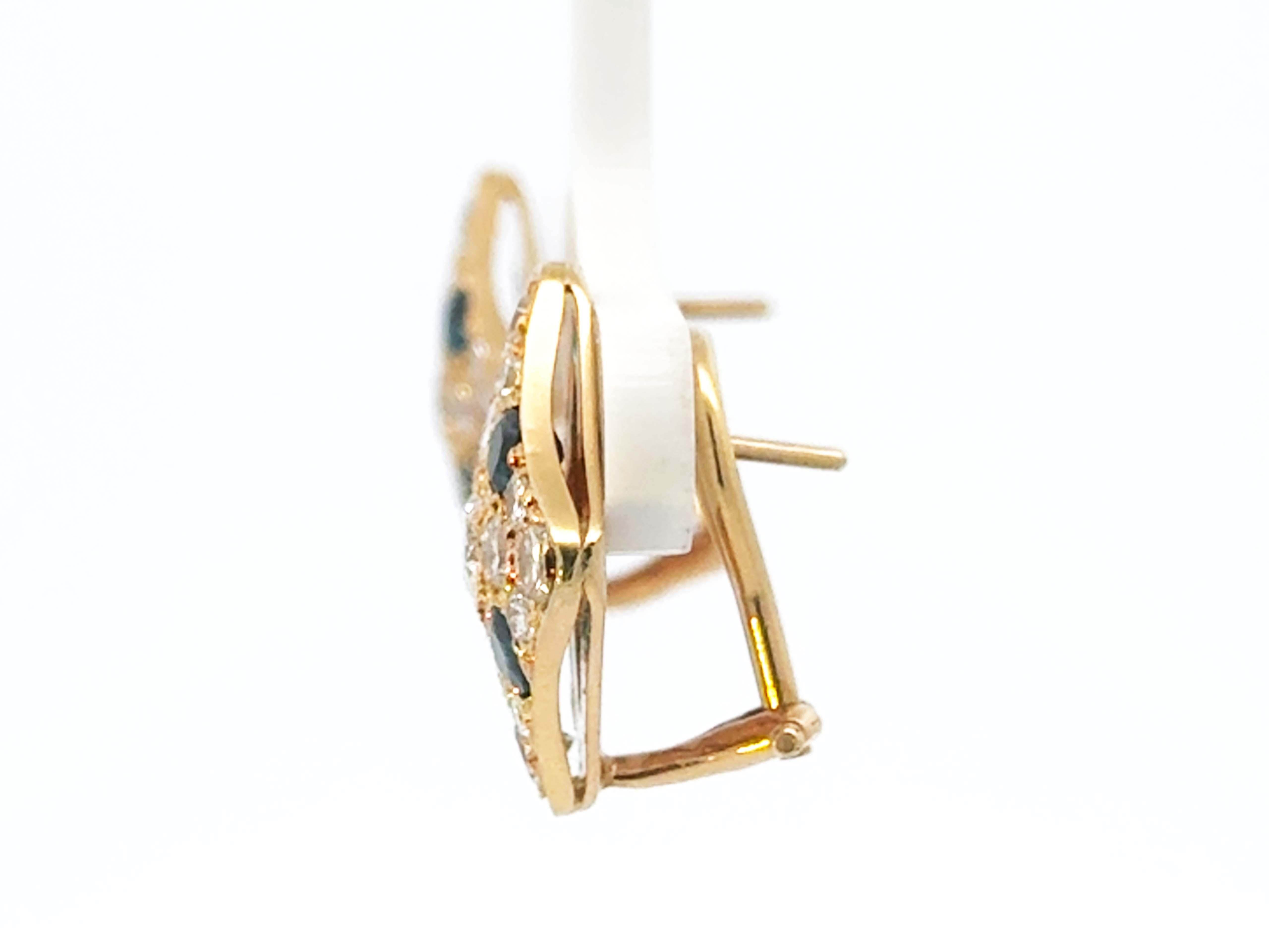 Women's Diamond Shape Sapphire and Diamond Omega Back Earrings 14K Yellow Gold For Sale