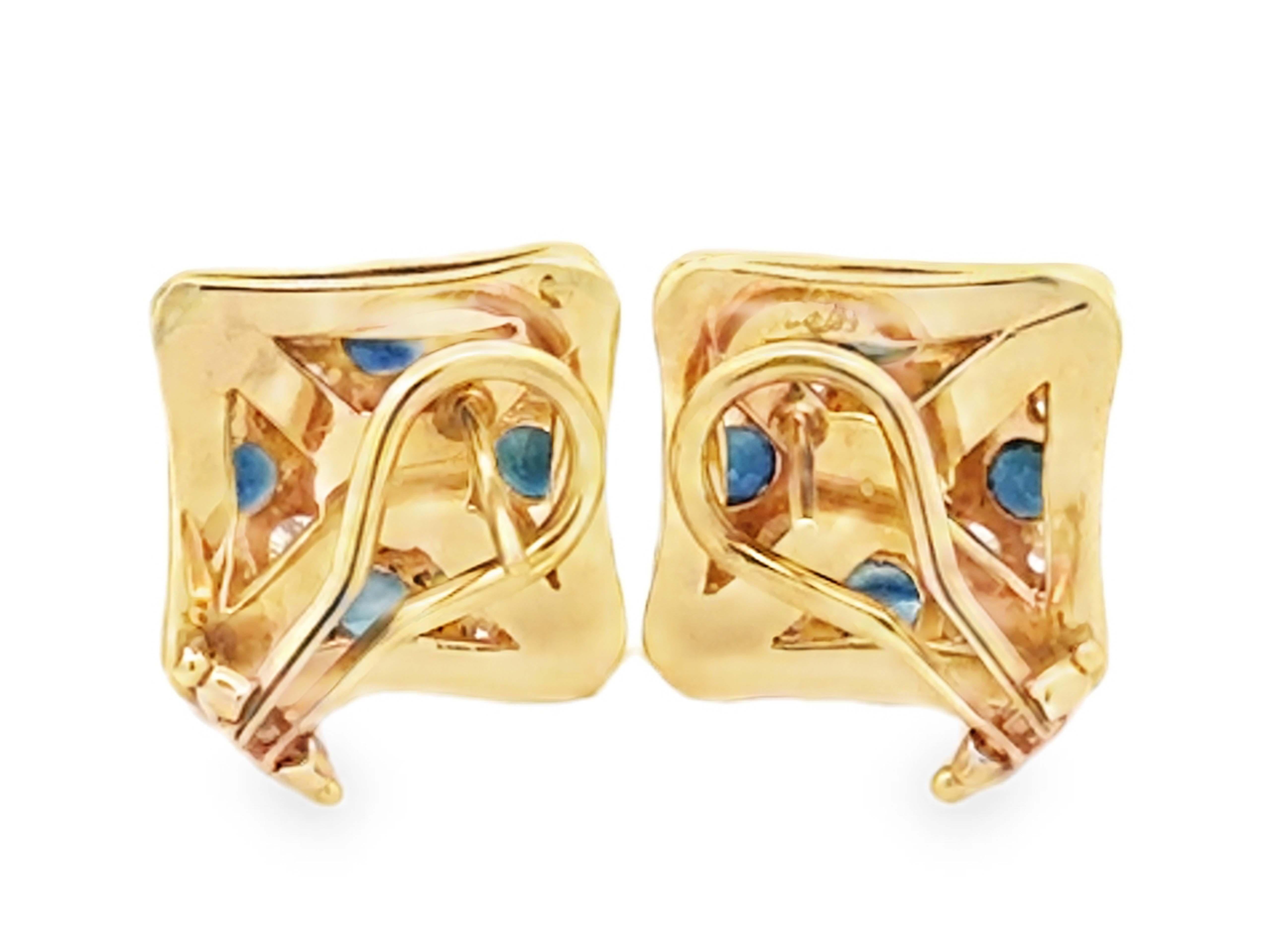 Diamond Shape Sapphire and Diamond Omega Back Earrings 14K Yellow Gold For Sale 1