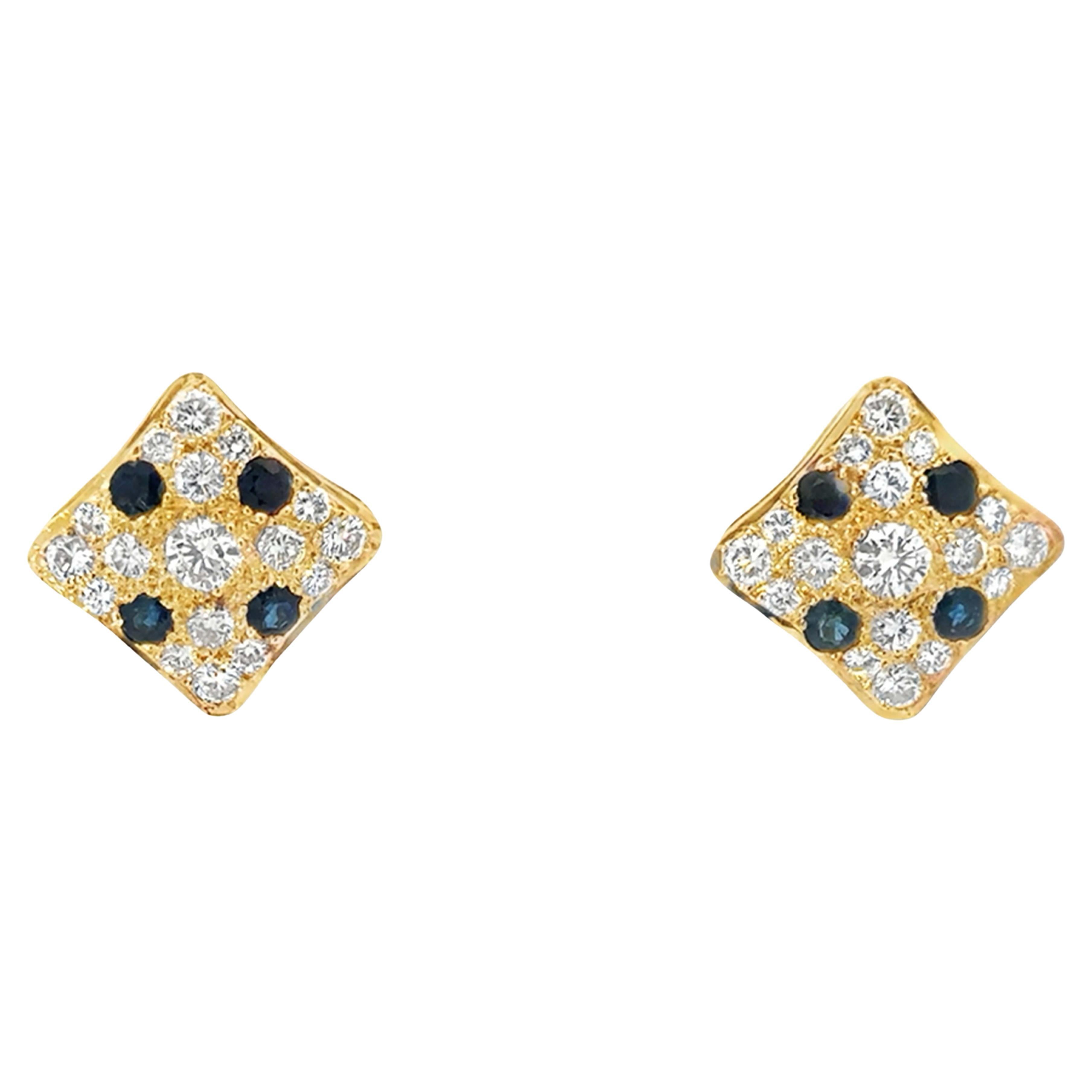 Diamond Shape Sapphire and Diamond Omega Back Earrings 14K Yellow Gold For Sale