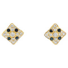 Diamond Shape Sapphire and Diamond Omega Back Earrings 14K Yellow Gold