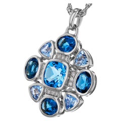 Diamond Shaped 14K White Gold 3.19 Carat Blue Topaz & Diamond Pendant Necklace