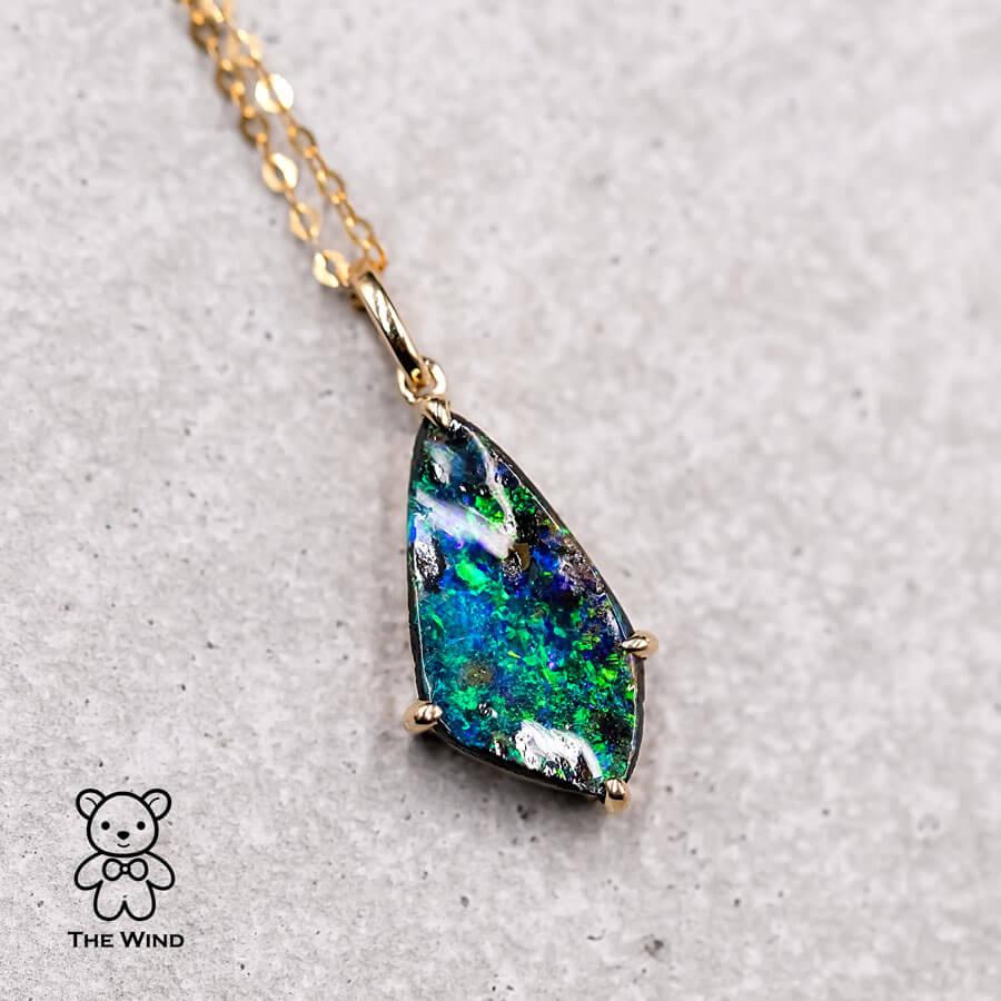 Artist Diamond Shaped Australian Boulder Opal Pendant Necklace 18K Yellow Gold For Sale