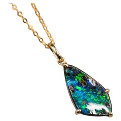 Diamond Shaped Australian Boulder Opal Pendant Necklace 18K Yellow Gold