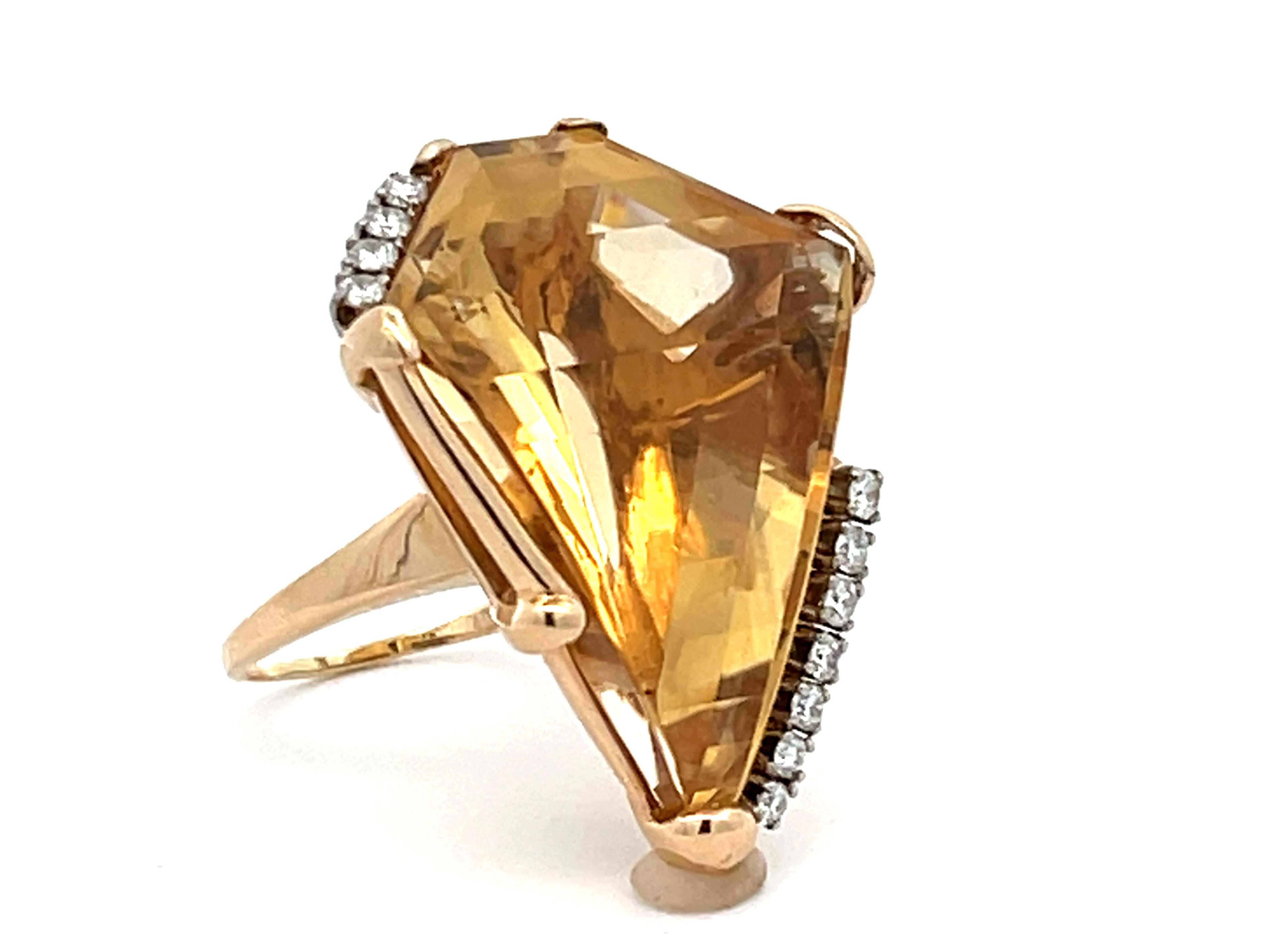 Modern Diamond Shaped Citrine & Diamond Cocktail Ring in 14k Yellow Gold For Sale