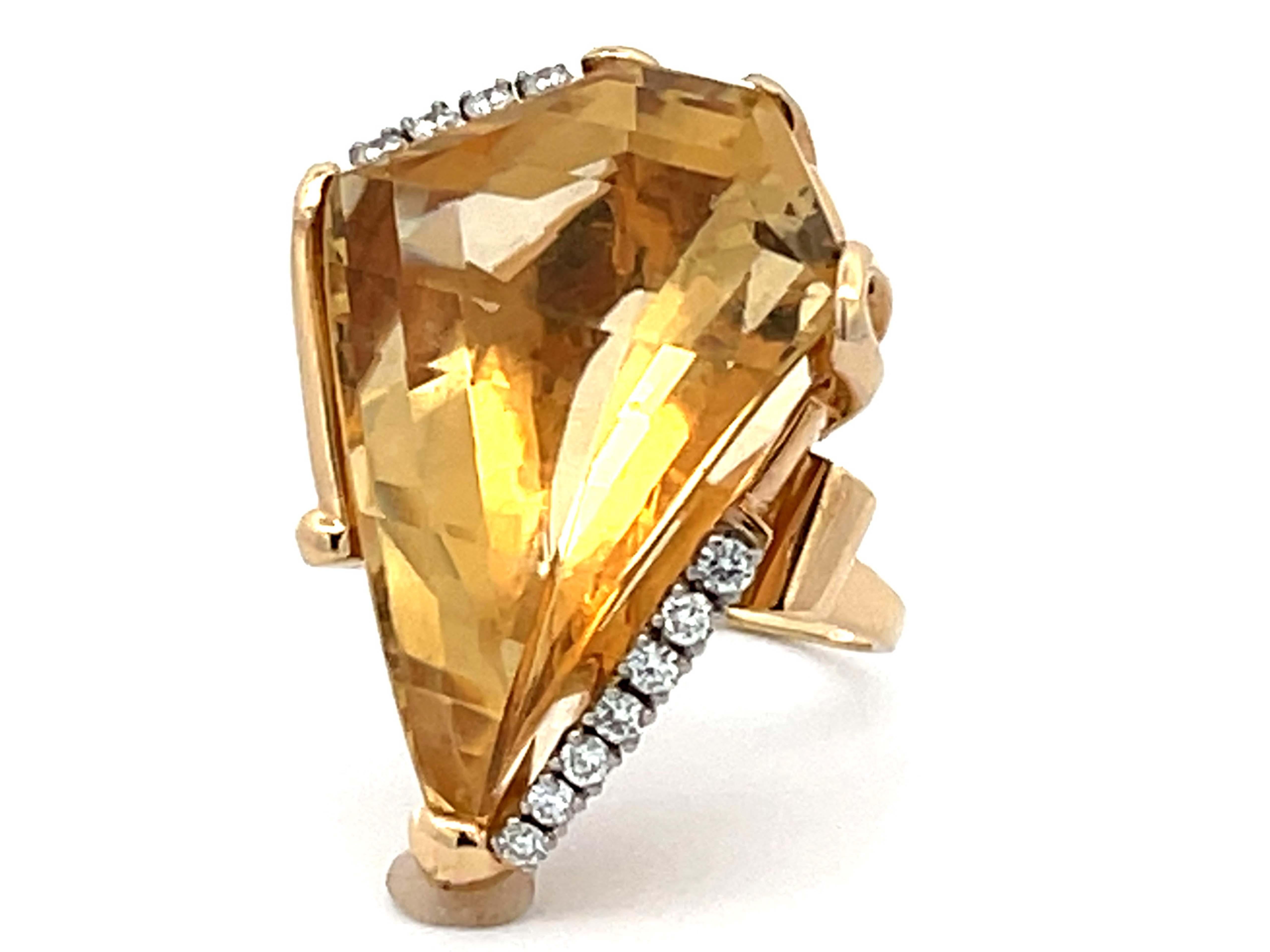 Brilliant Cut Diamond Shaped Citrine & Diamond Cocktail Ring in 14k Yellow Gold For Sale
