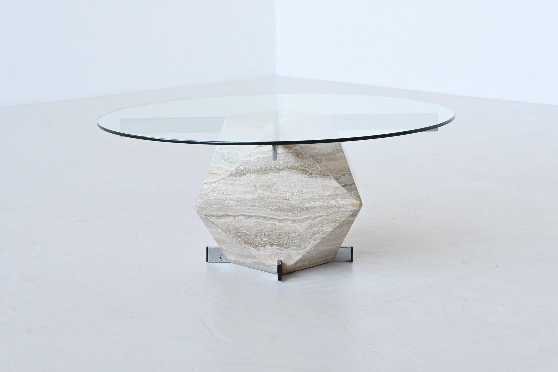 italien Table basse en travertin et chrome Italie 1960 en vente