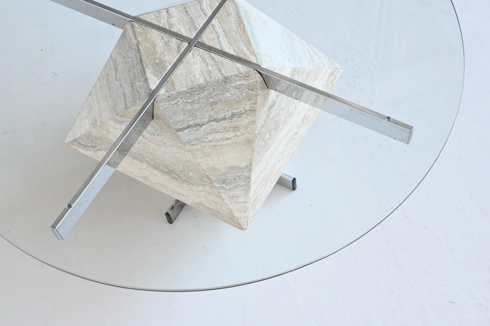 Glass Diamond shaped coffee table in travertine mid-century Italy 1960 For Sale