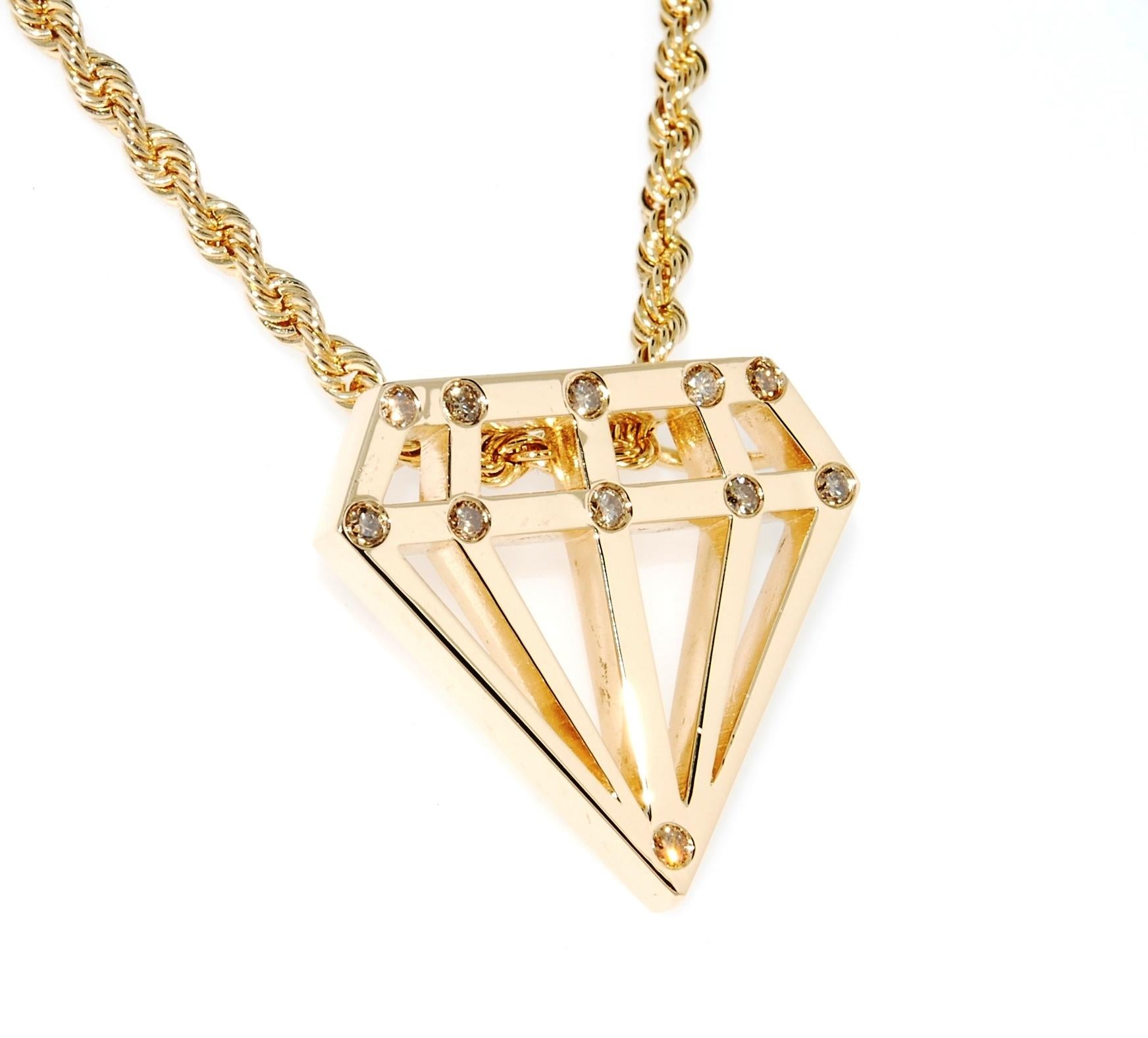 Contemporary Diamond Shaped Gold and Diamond Pendant in 14 Karat Yellow Gold For Sale