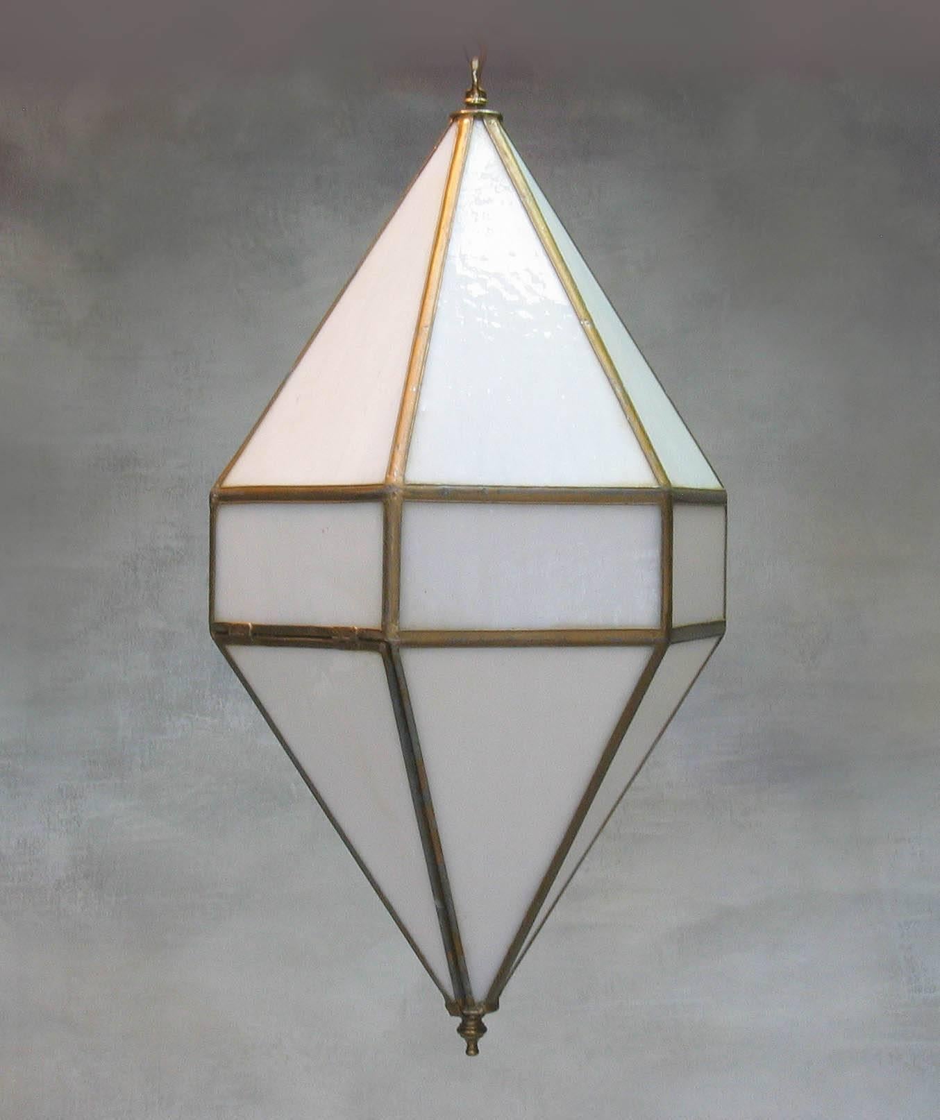 Hand-Knotted Diamond Shaped Hexagonal Milk Glass Pendant Light, Spain, 1960