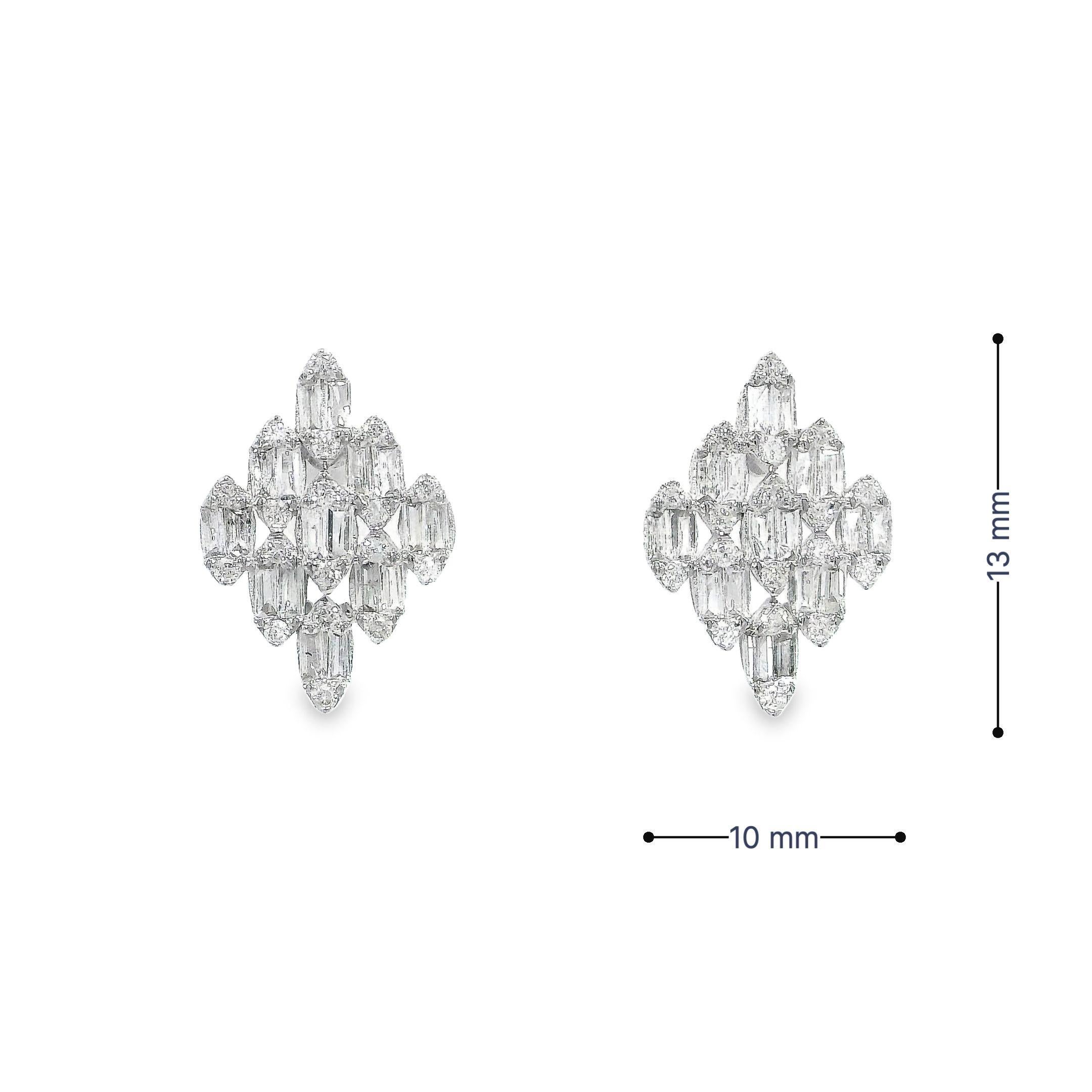 Contemporary Diamond Shaped Stud Earrings in 18K White Gold set with Baguette Round Diamond