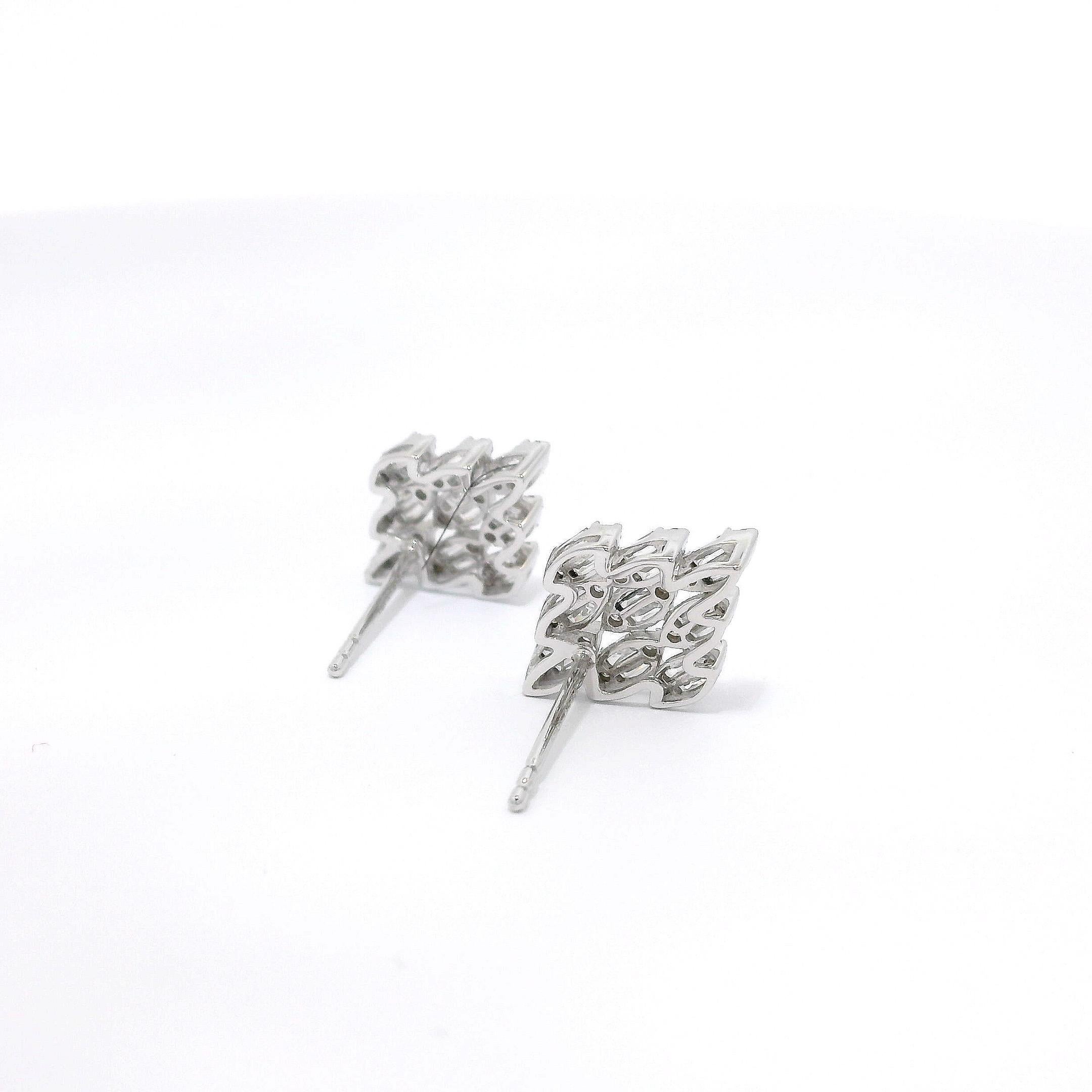 Baguette Cut Diamond Shaped Stud Earrings in 18K White Gold set with Baguette Round Diamond