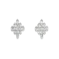 Diamond Shaped Stud Earrings in 18K White Gold set with Baguette Round Diamond