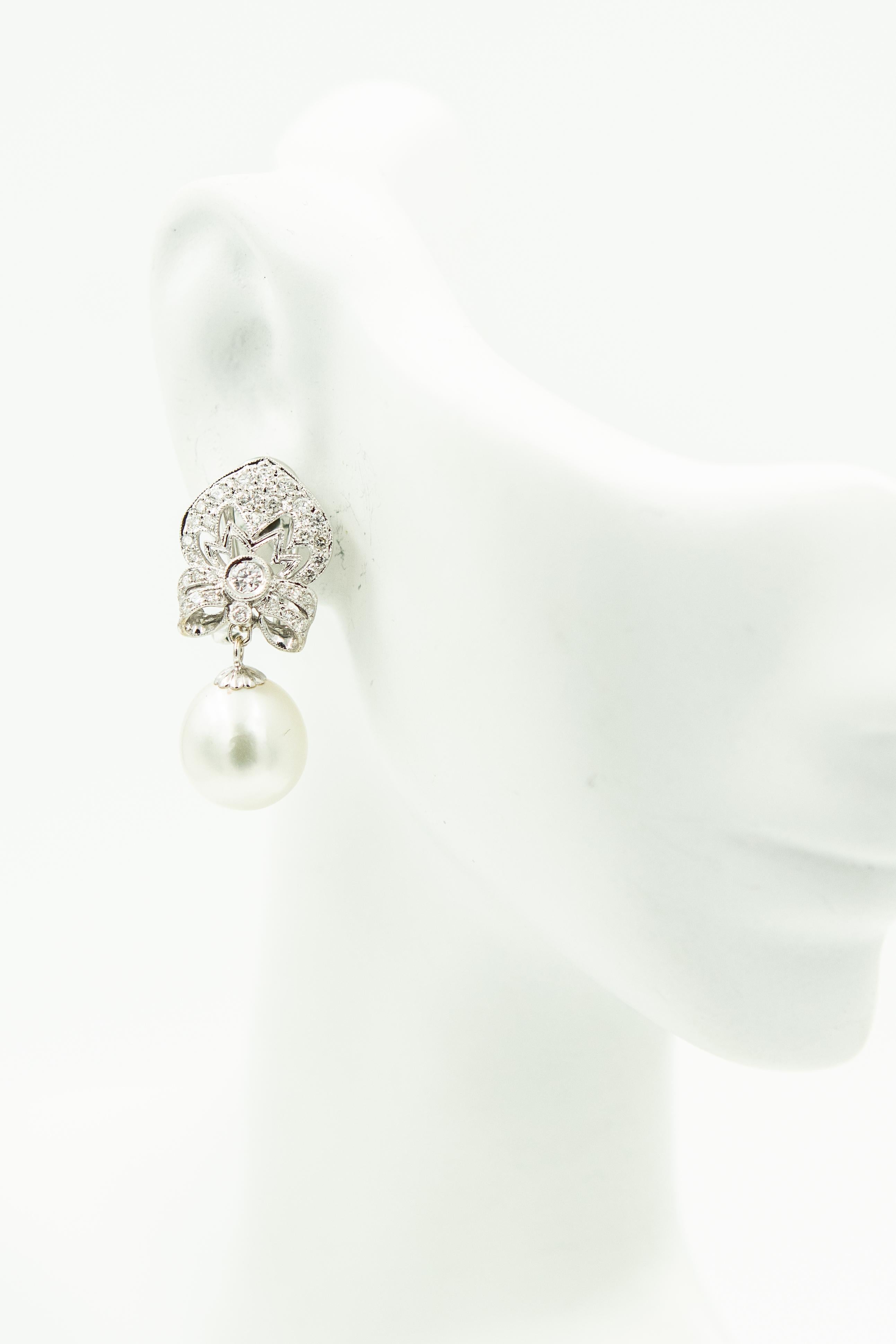 Round Cut Diamond Shield South Sea Pearl Drop Dangle White Gold Earrings