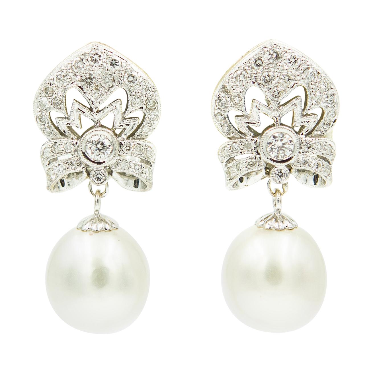 Diamond Shield South Sea Pearl Drop Dangle White Gold Earrings
