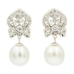 Diamond Shield Pearl Drop Dangle White Gold Earrings