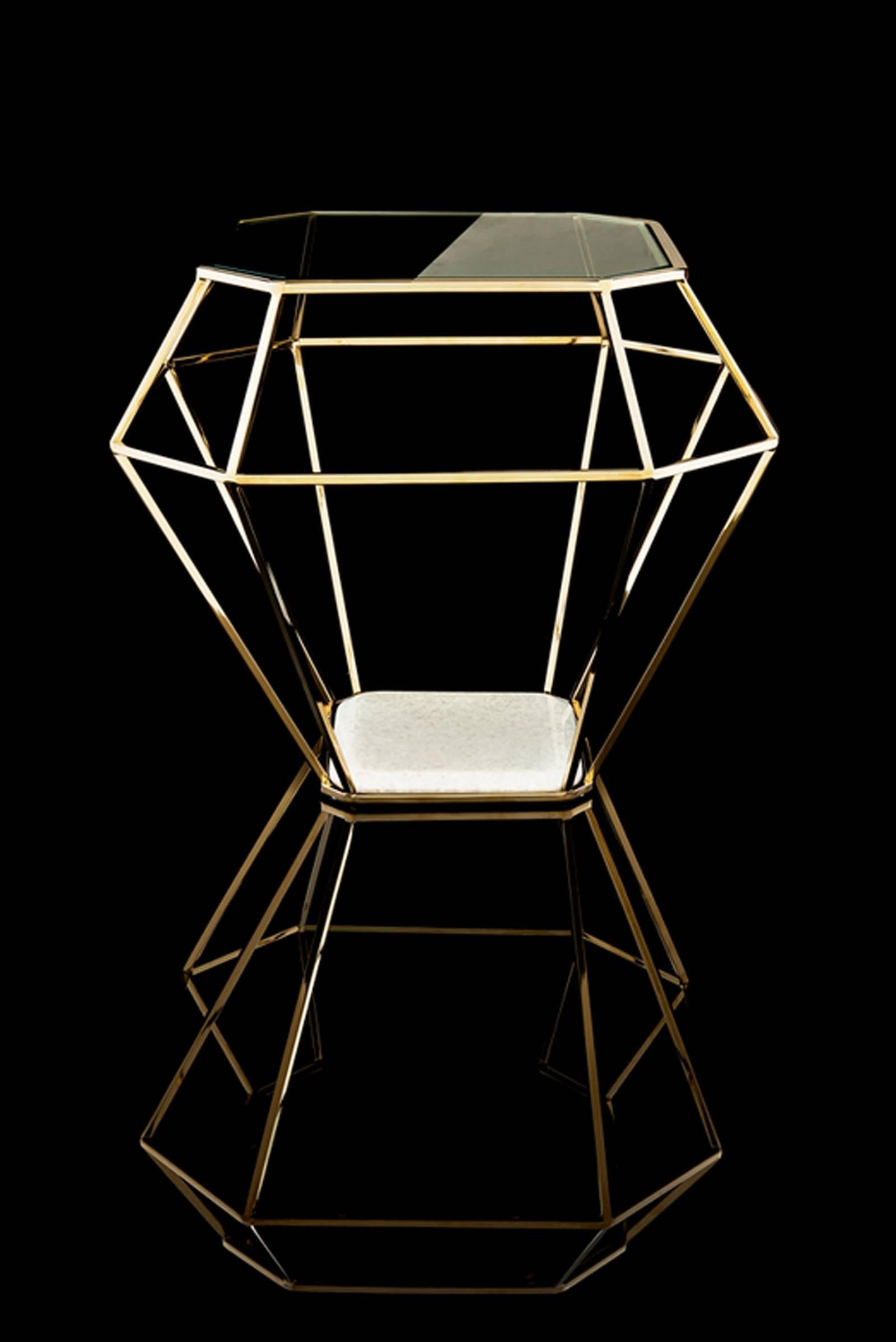 Side table diamond in gold finish with tempered 
clear glass top and white marble base.