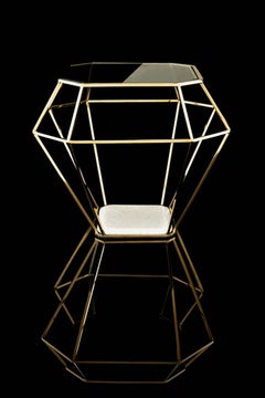 Diamond Side Table in Gold Finish with Tempered Clear Glass Top and Marble Base