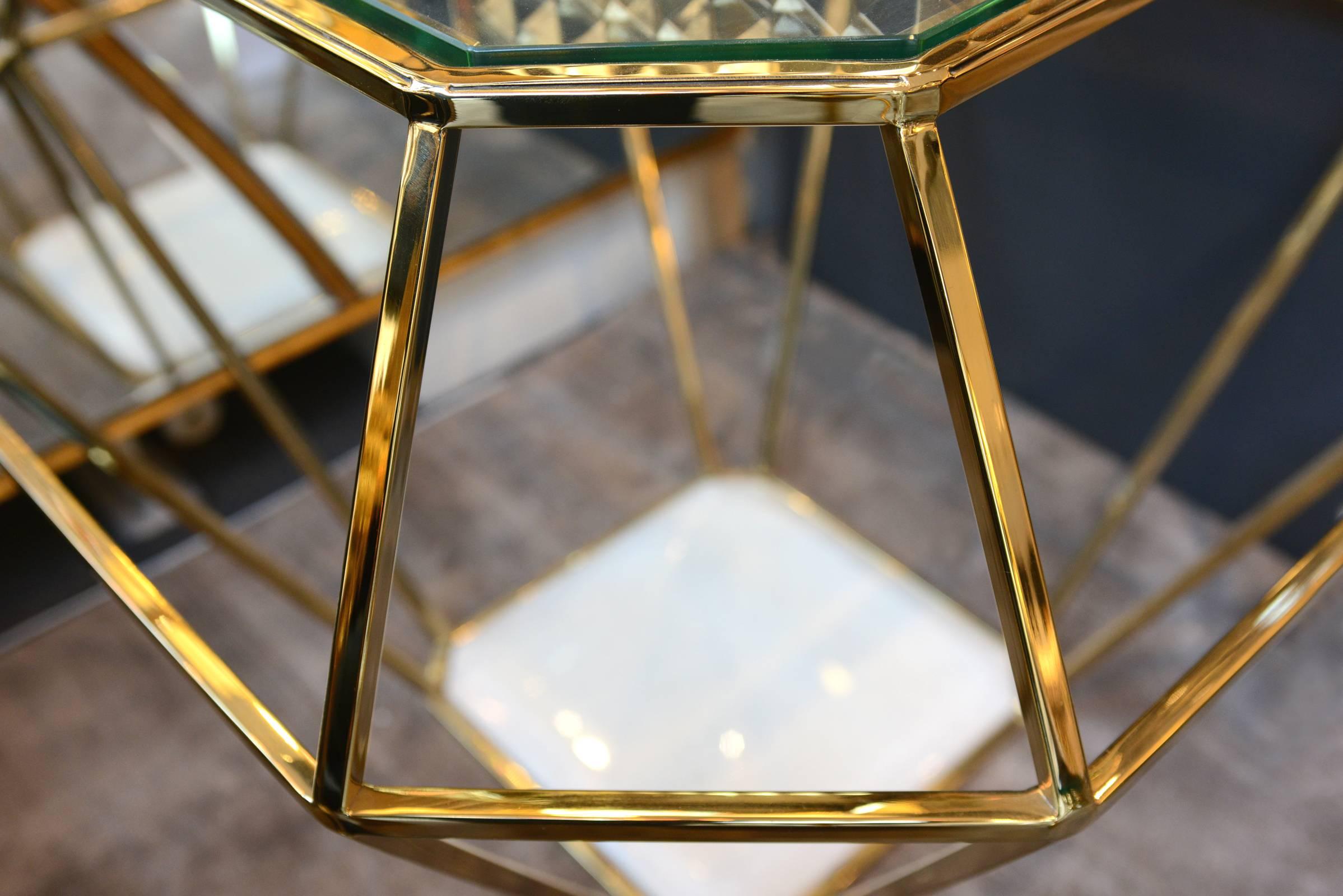 Diamond Side Table in Gold Finish with Tempered Clear Glass Top and Marble Base In Excellent Condition In Paris, FR