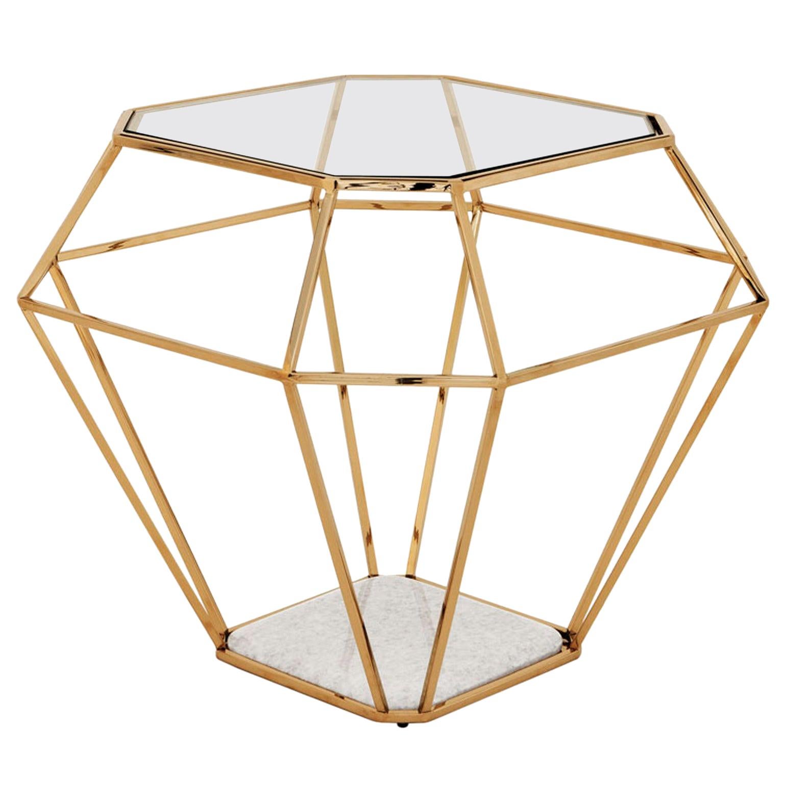 Diamond Side Table in Gold Finish with Tempered Clear Glass Top and Marble Base