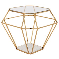 Diamond Side Table in Gold Finish with Tempered Clear Glass Top and Marble Base