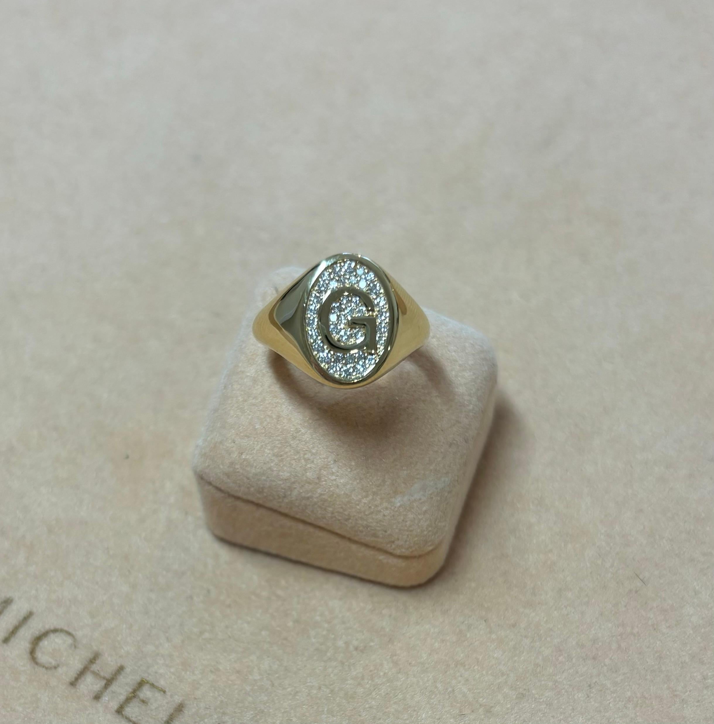 Femenino o masculino Letra G, Anillo de sello de diamantes 0,19cts, Oro amarillo de 18 quilates, 3,5g de oro en venta