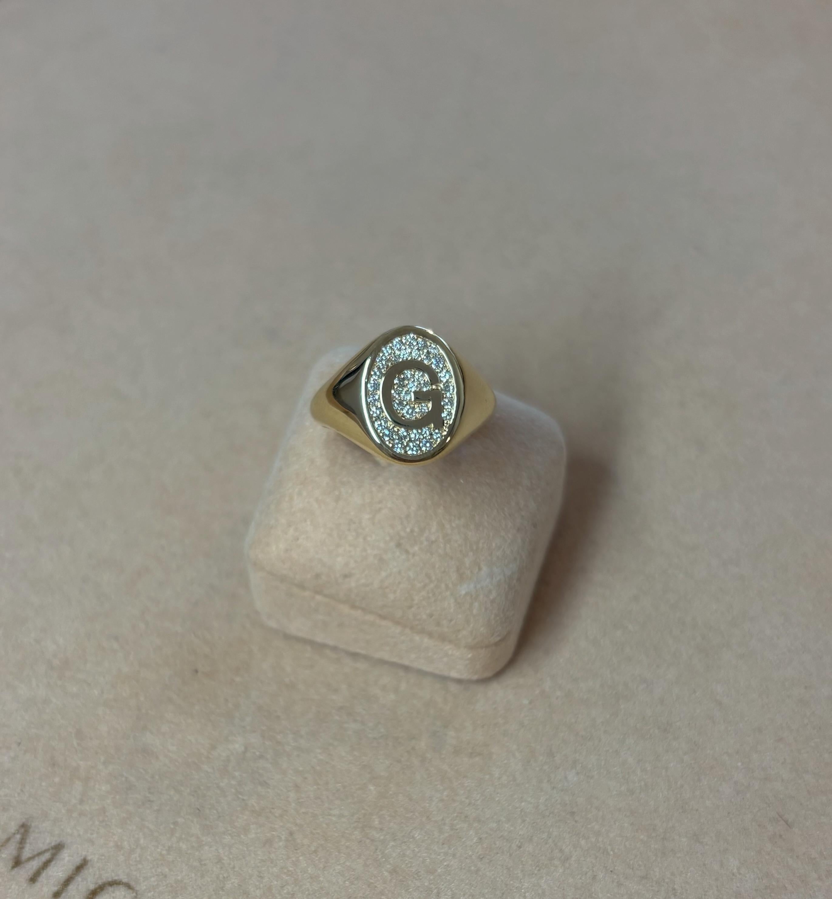 Letra G, Anillo de sello de diamantes 0,19cts, Oro amarillo de 18 quilates, 3,5g de oro en venta 1