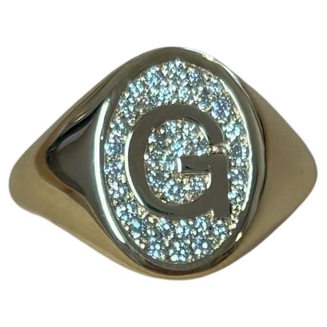 Letra G, Anillo de sello de diamantes 0,19cts, Oro amarillo de 18 quilates, 3,5g de oro