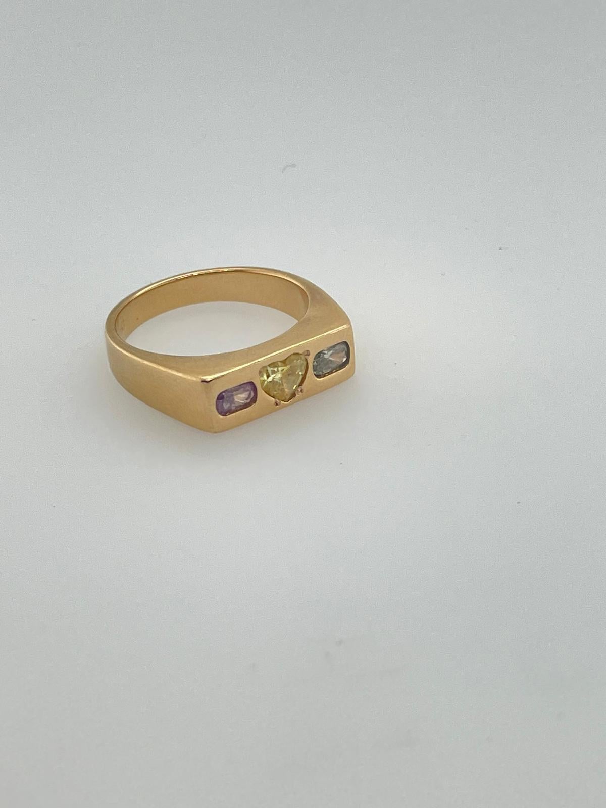 Diamond Signet Ring Featuring Yellow Heart Diamond, Pink and Green Diamonds 4