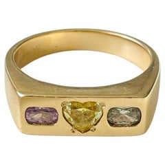 Diamond Signet Ring Featuring Yellow Heart Diamond, Pink and Green Diamonds